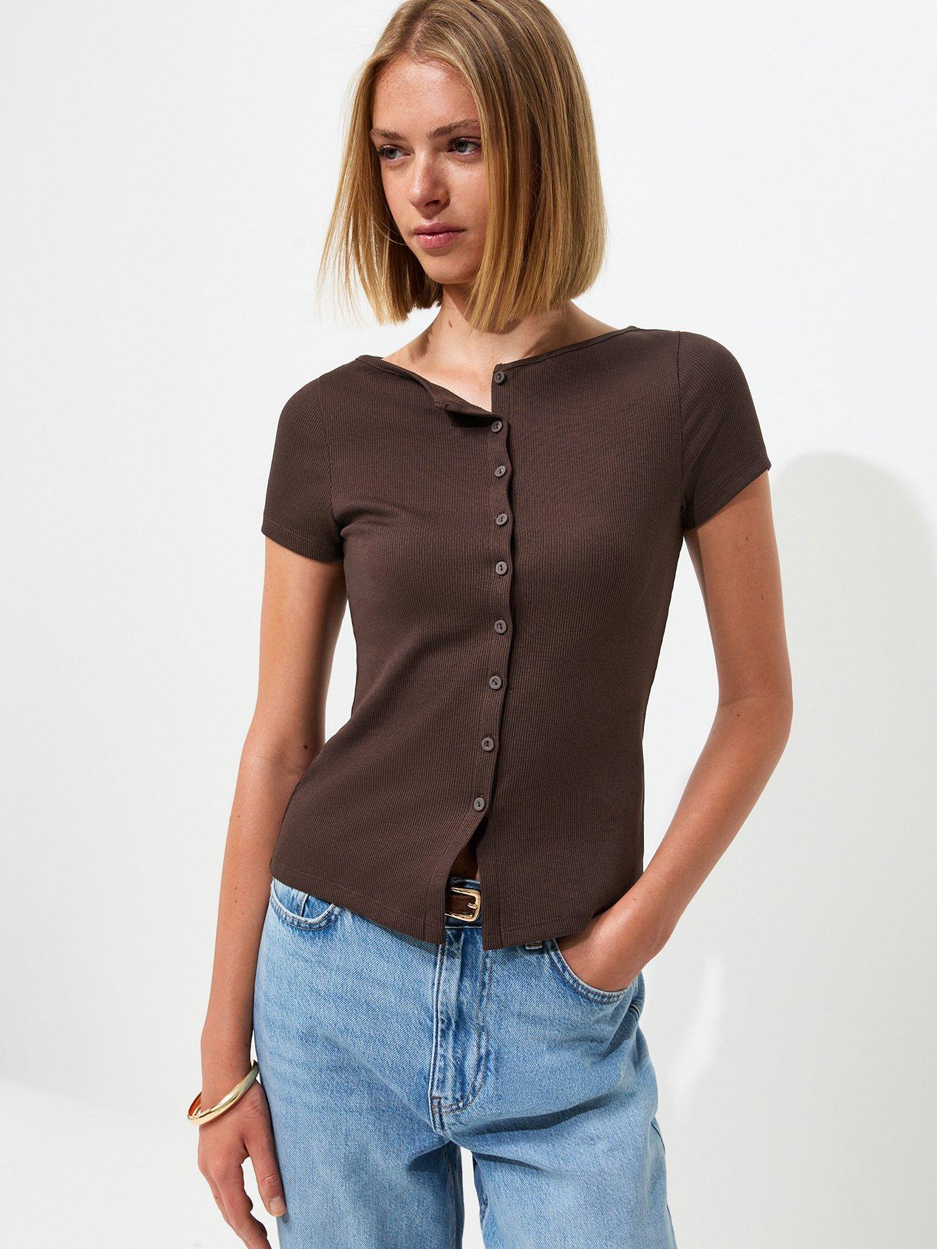 New Look Cotton Rich Button Through Baby Tee T-Shirt - Brown