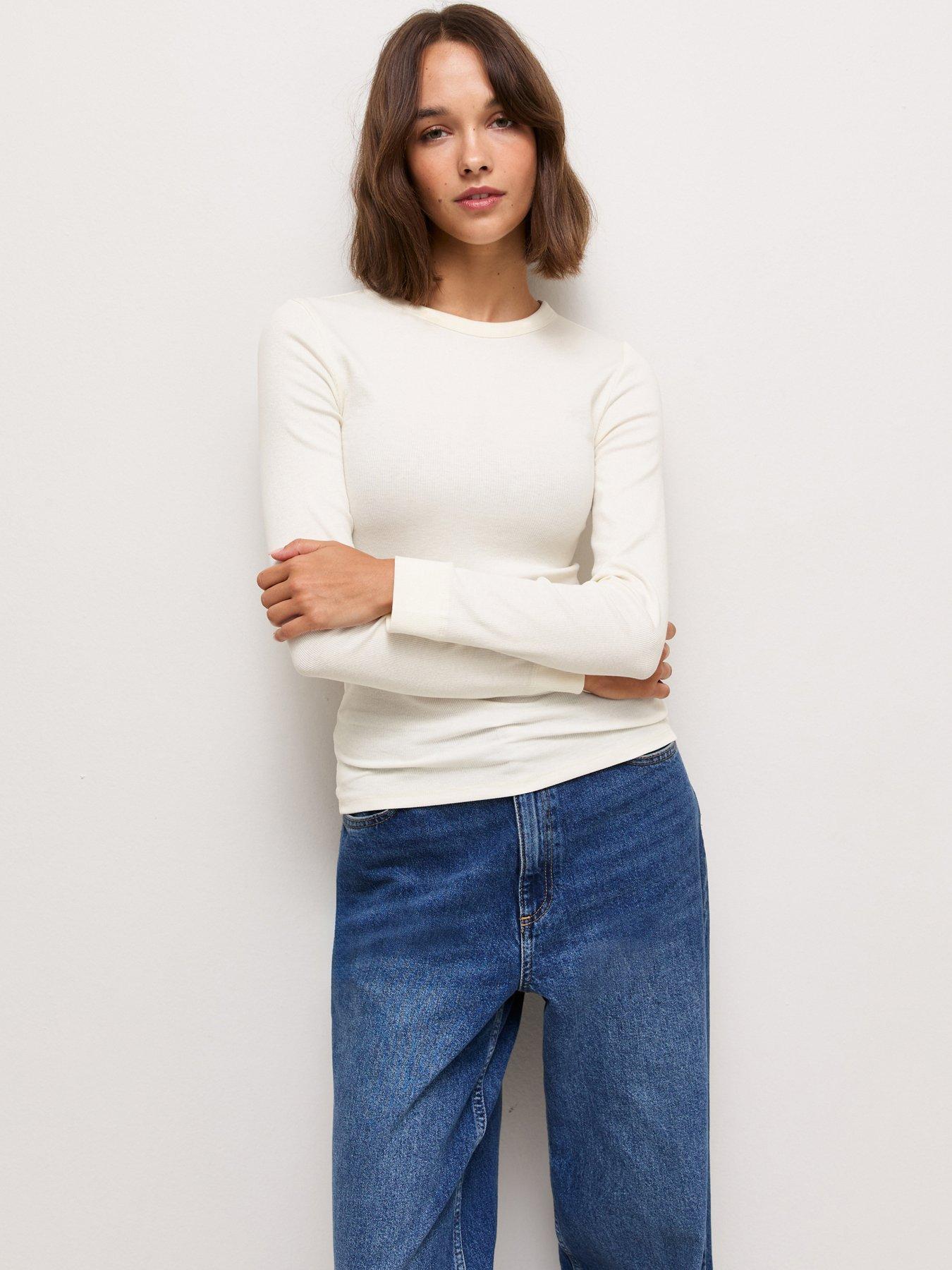 Image 1 of 5 of New Look Cream Cotton Rich Ribbed Crew Neck Long Sleeve Top