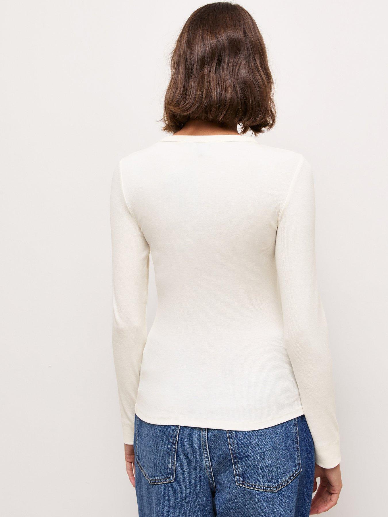 Image 2 of 5 of New Look Cream Cotton Rich Ribbed Crew Neck Long Sleeve Top