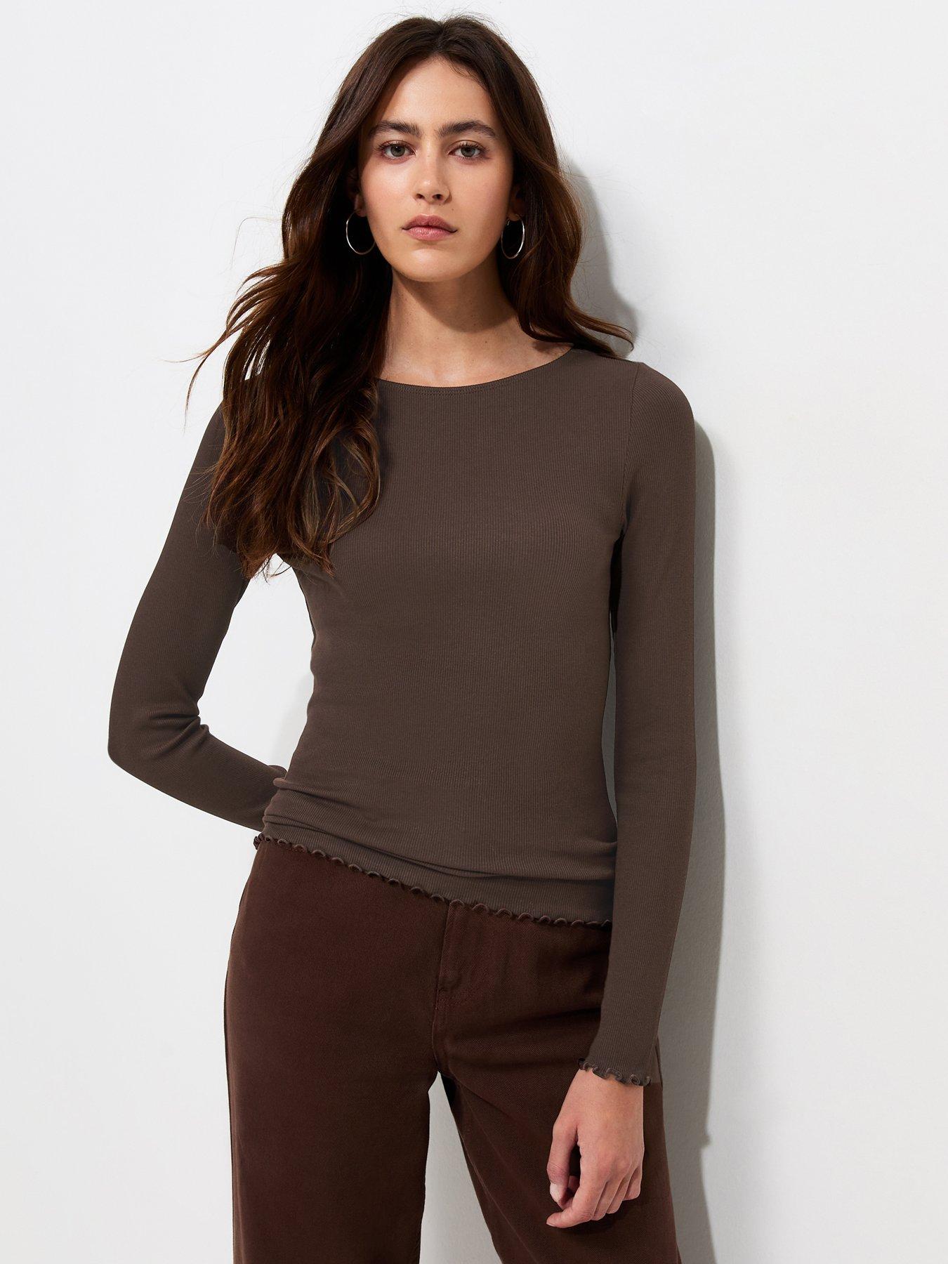 Image 1 of 6 of New Look Dark Brown Cotton Rich Babylock Slash Neck Long Sleeve Top
