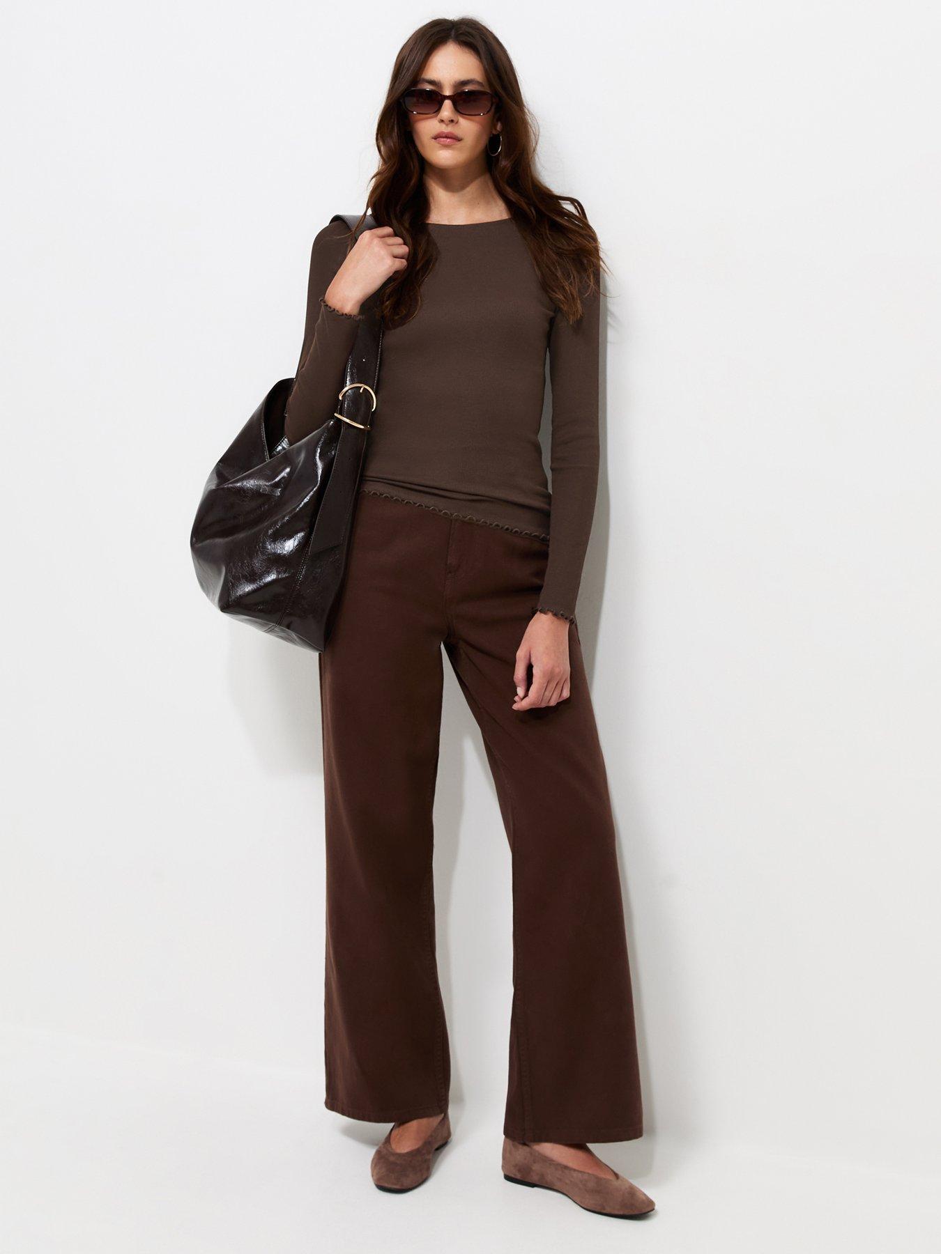 Image 4 of 6 of New Look Dark Brown Cotton Rich Babylock Slash Neck Long Sleeve Top