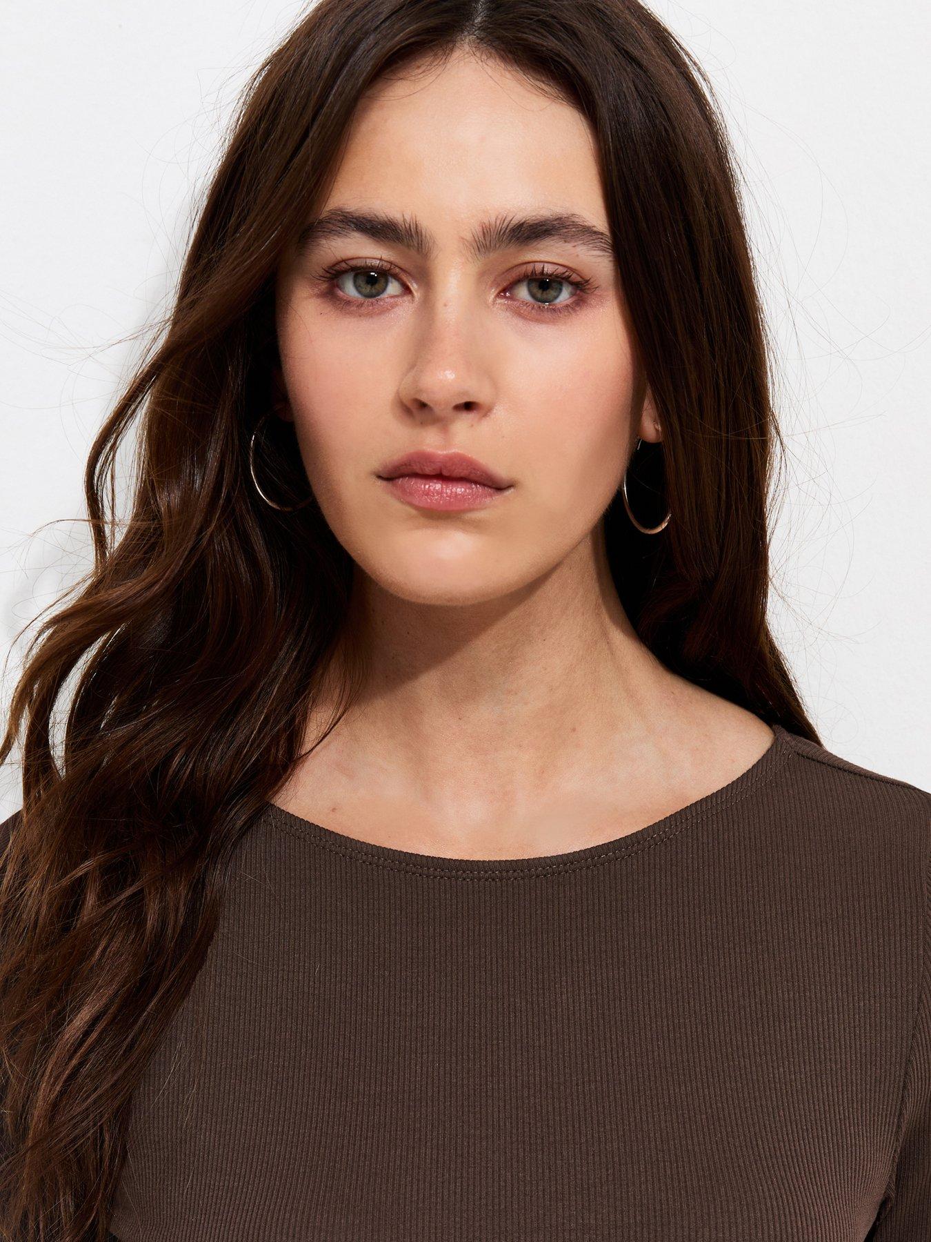 Image 5 of 6 of New Look Dark Brown Cotton Rich Babylock Slash Neck Long Sleeve Top