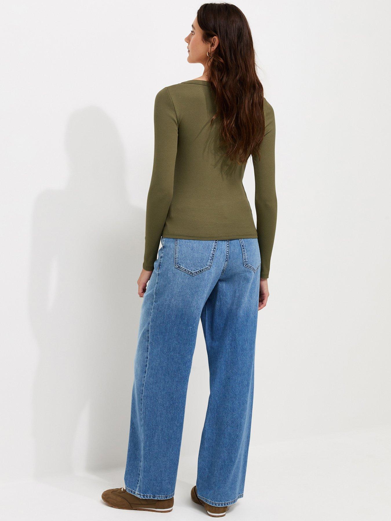 Image 2 of 6 of New Look Cotton Rich Long Sleeve Ribbed Scoop Neck Top - Green