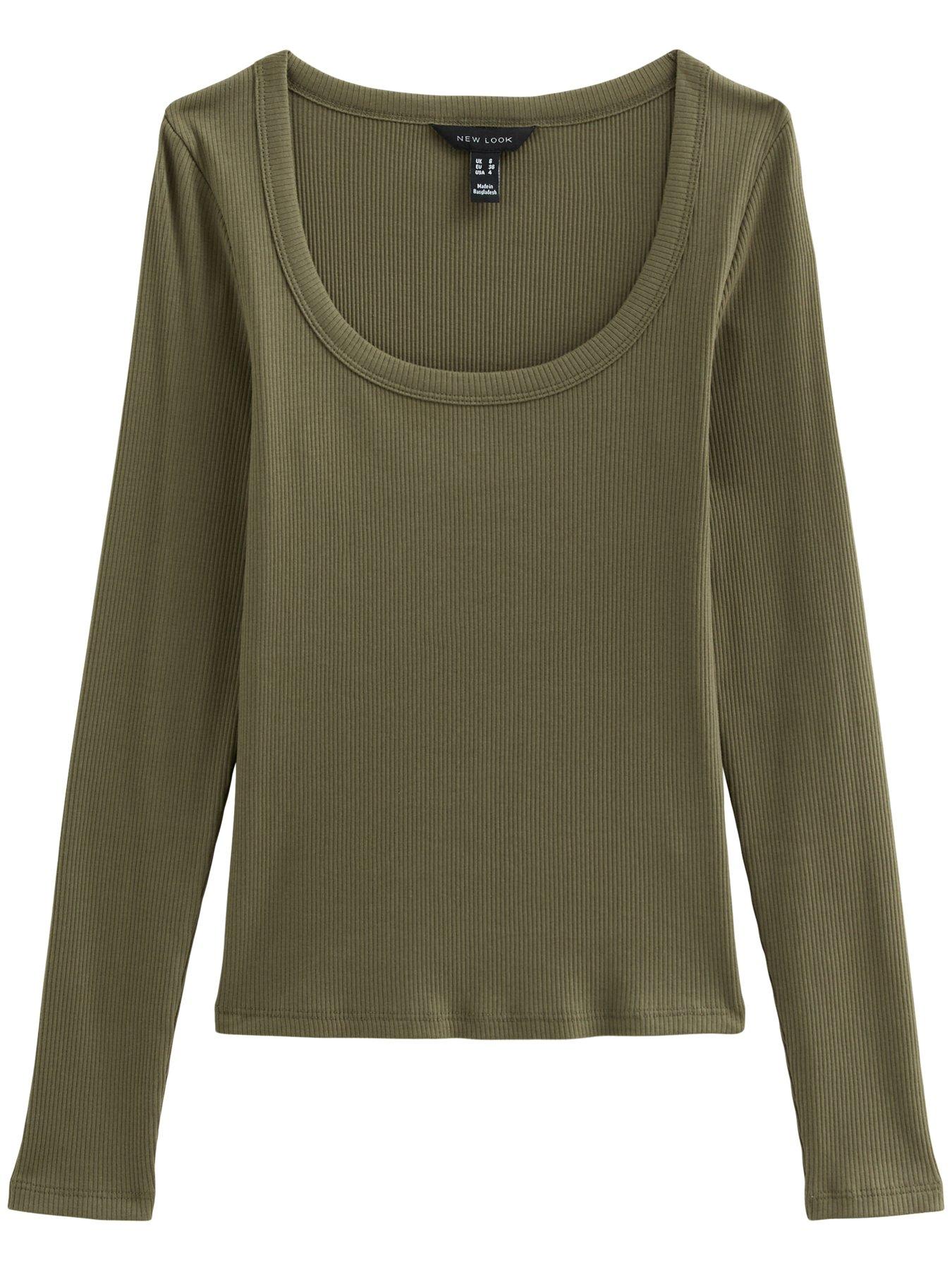 Image 5 of 6 of New Look Cotton Rich Long Sleeve Ribbed Scoop Neck Top - Green
