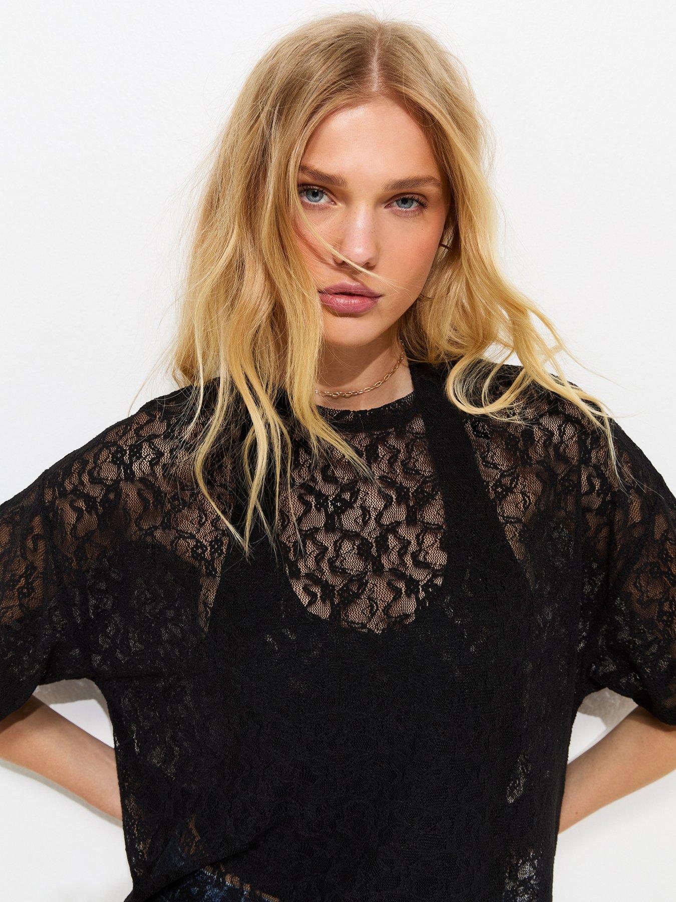 Image 4 of 5 of New Look Oversized Lace Boxy Fit Top - Black