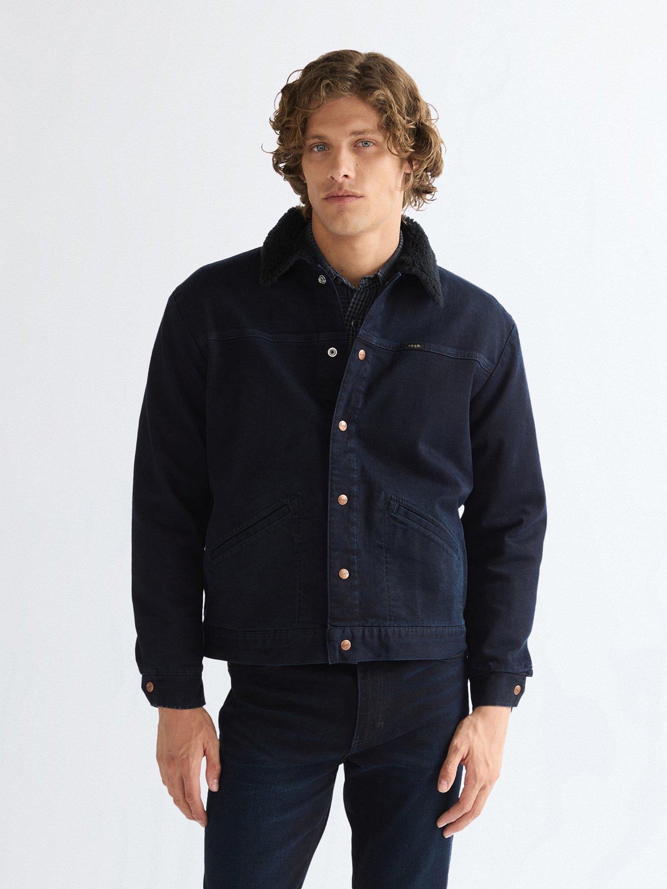 Image 1 of 6 of Wrangler Mens Buffalo Trace Sherpa Collar Stretch Denim Jacket - Blue
