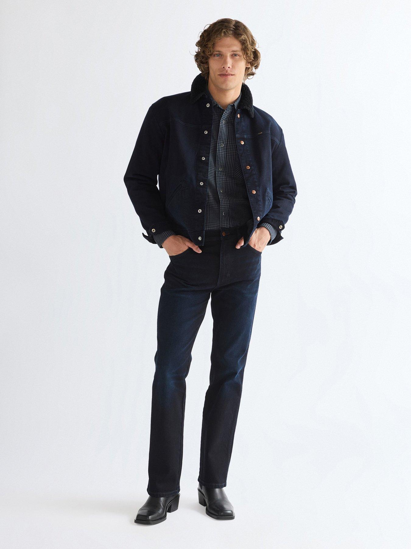 Image 3 of 6 of Wrangler Mens Buffalo Trace Sherpa Collar Stretch Denim Jacket - Blue