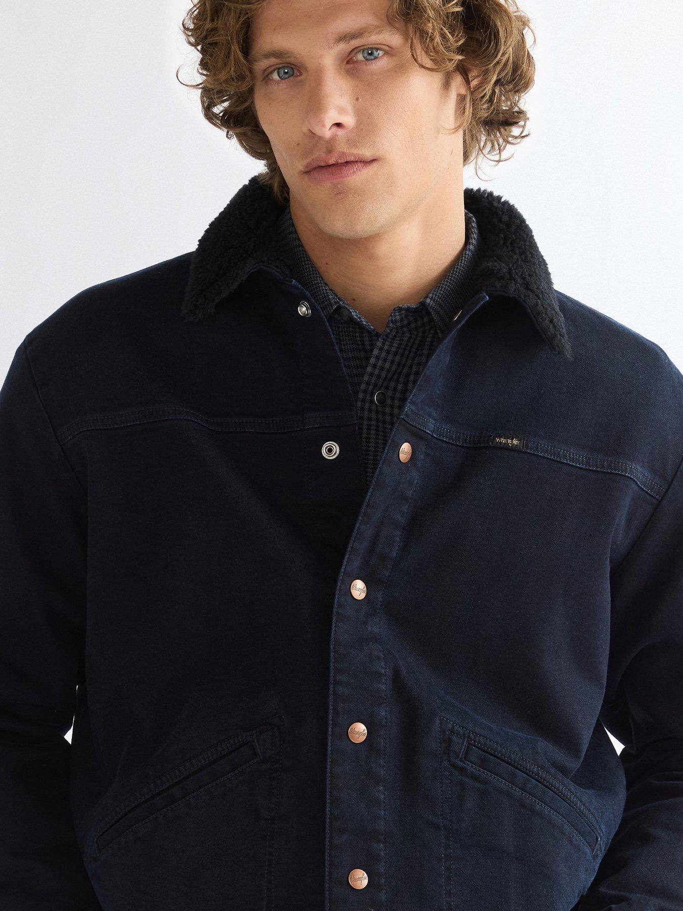 Image 5 of 6 of Wrangler Mens Buffalo Trace Sherpa Collar Stretch Denim Jacket - Blue
