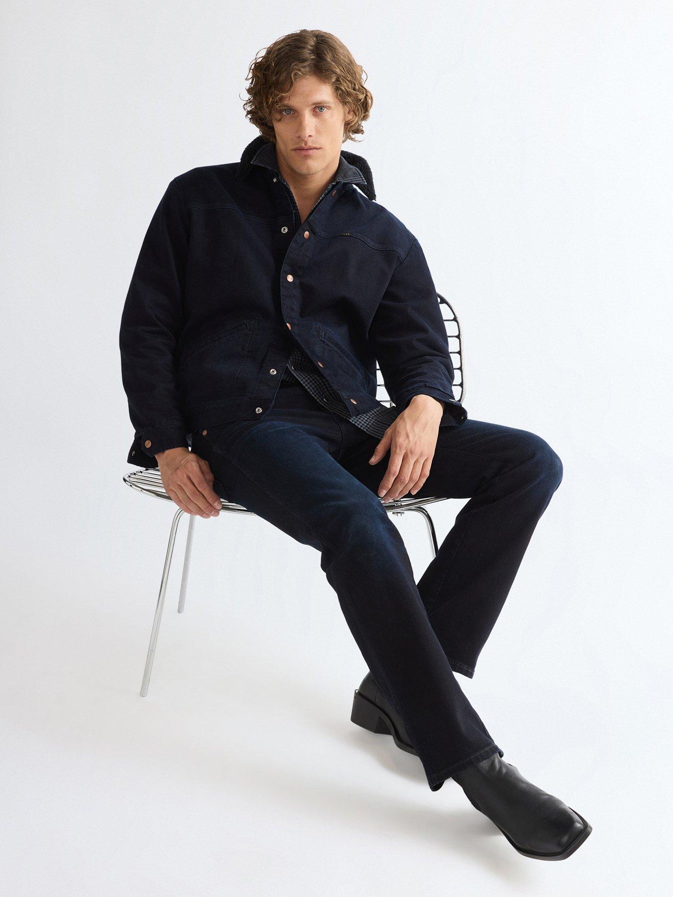 Image 6 of 6 of Wrangler Mens Buffalo Trace Sherpa Collar Stretch Denim Jacket - Blue