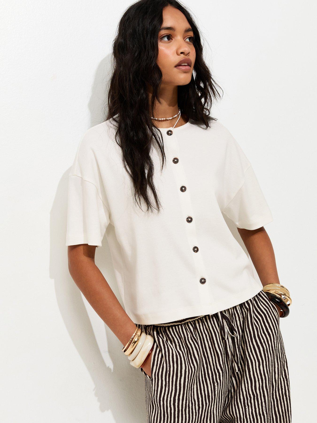 Image 1 of 5 of New Look Premium Heavyweight Cotton Button Through T-Shirt - White