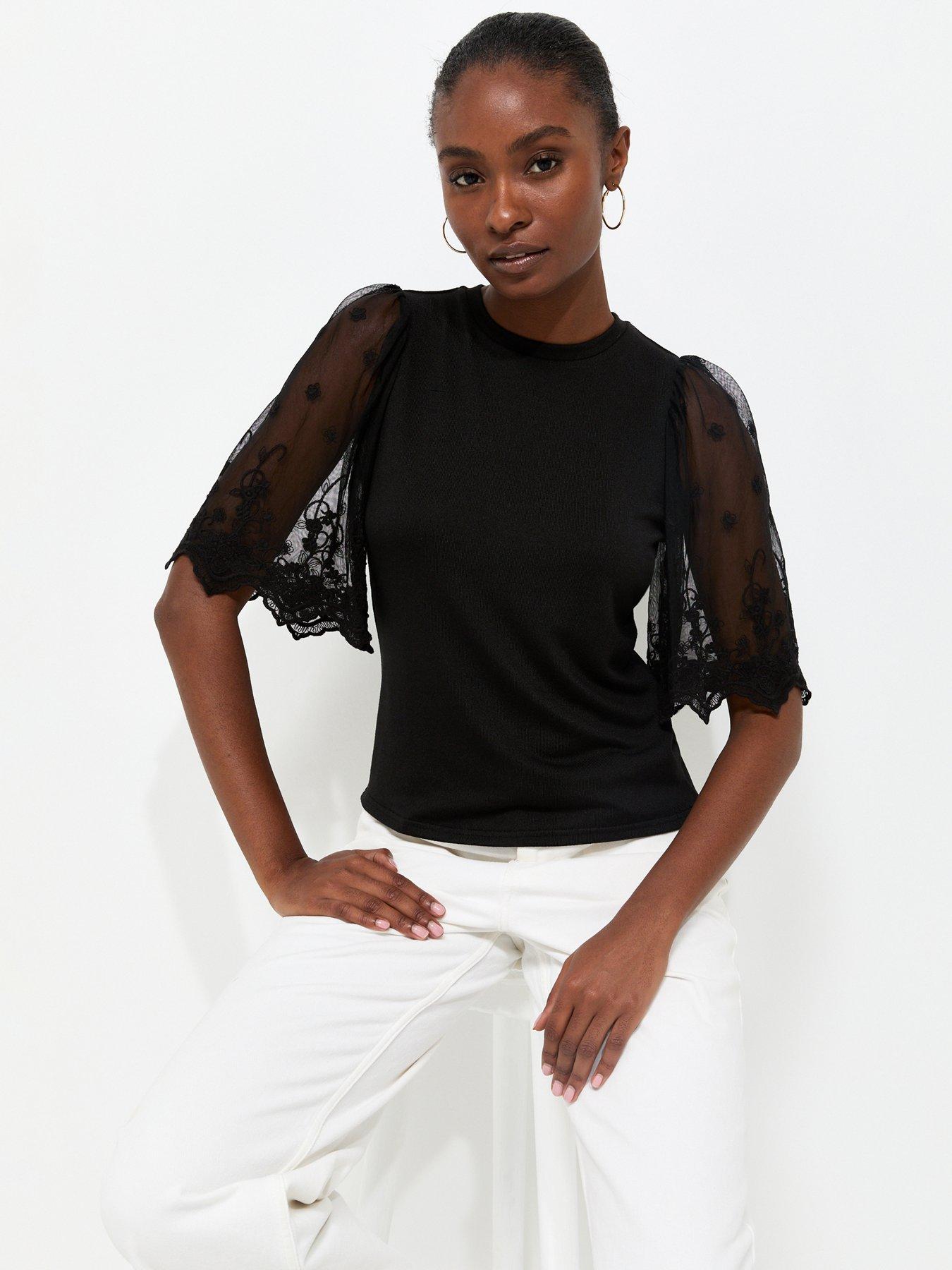 Image 1 of 6 of New Look Soft Touch Lace Sleeve T-Shirt - Black