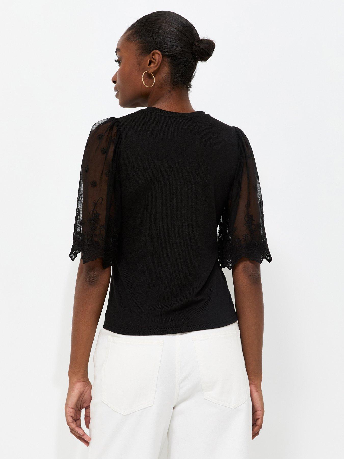Image 2 of 6 of New Look Soft Touch Lace Sleeve T-Shirt - Black