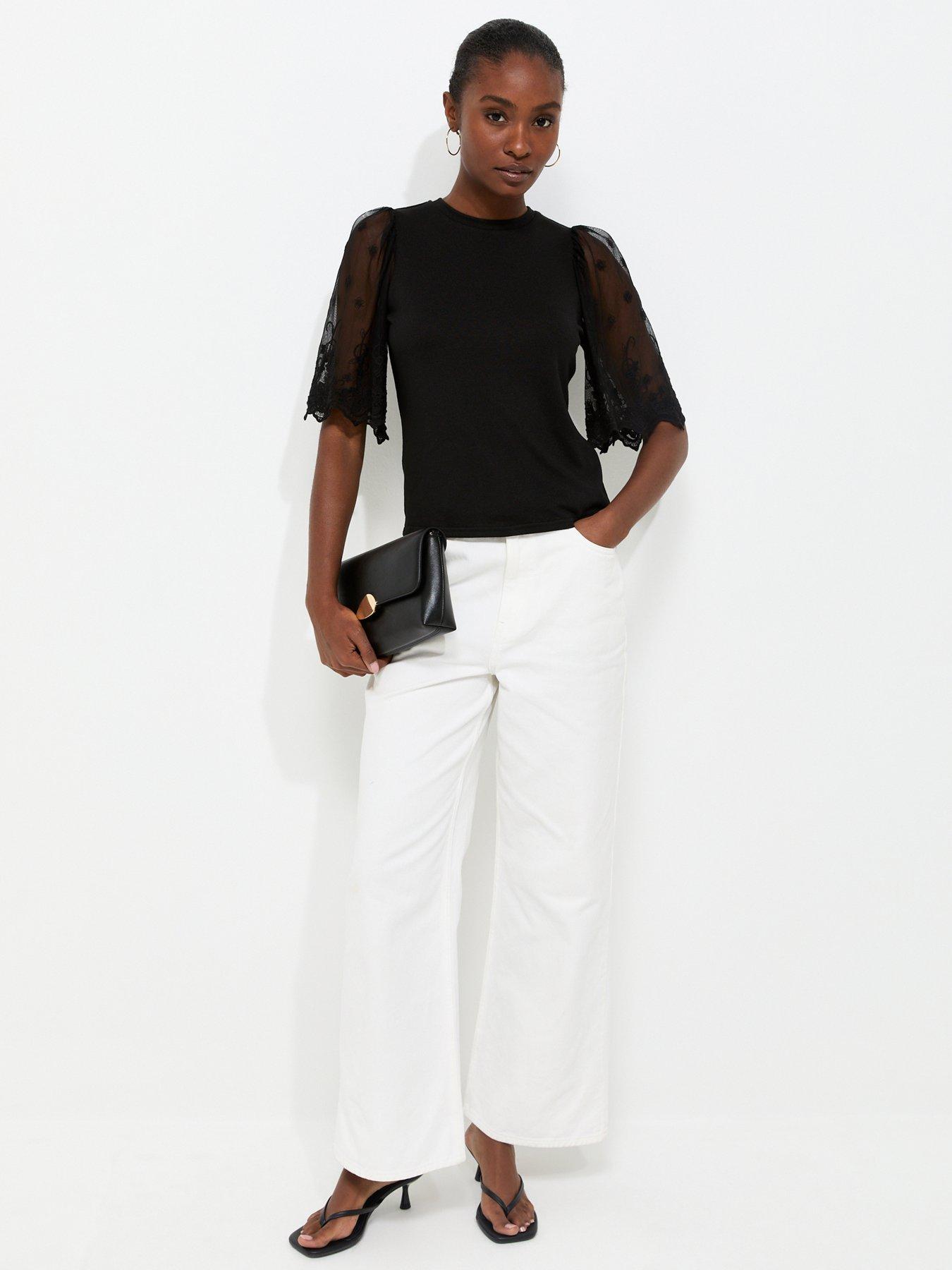 Image 3 of 6 of New Look Soft Touch Lace Sleeve T-Shirt - Black