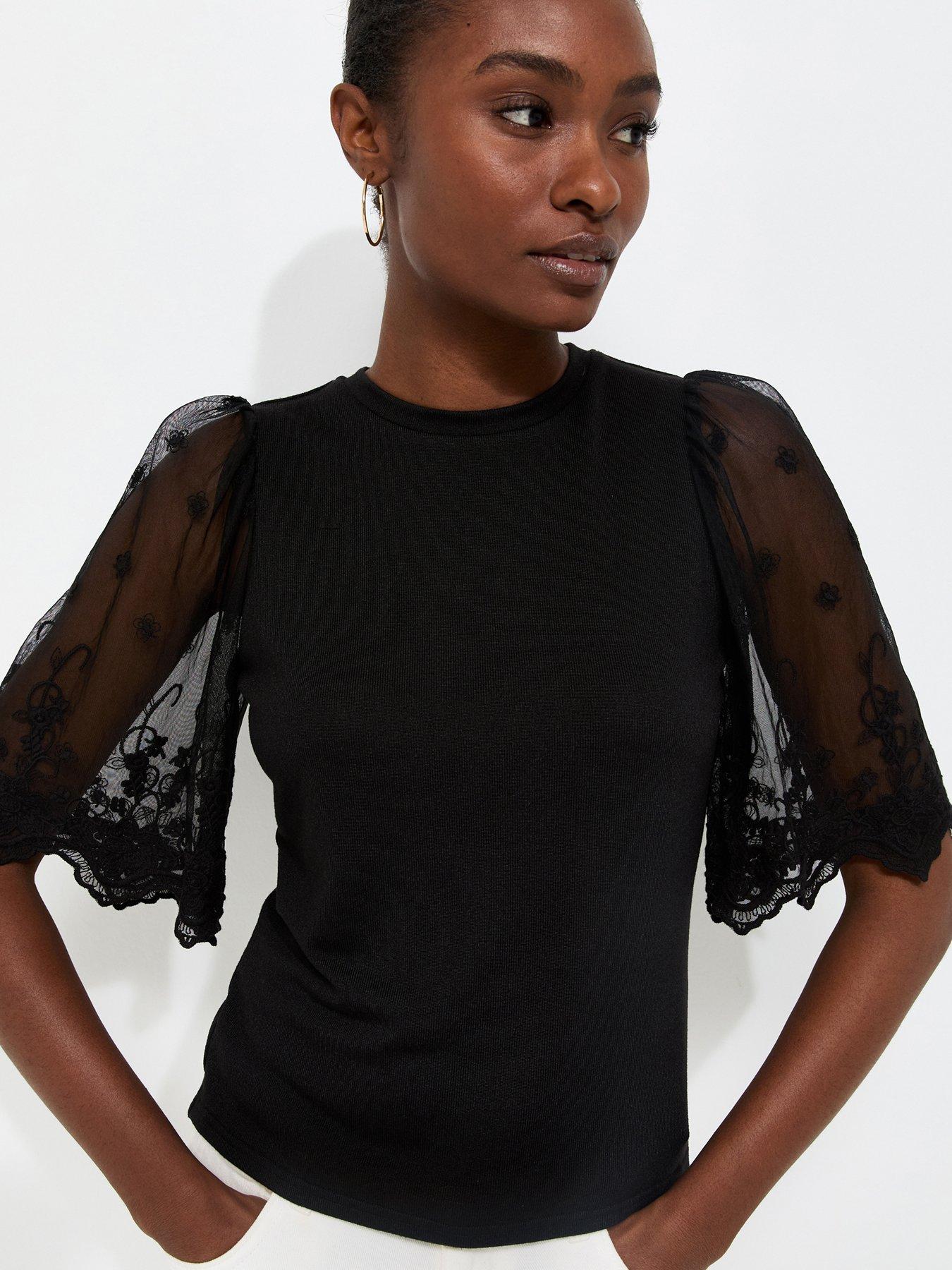 Image 4 of 6 of New Look Soft Touch Lace Sleeve T-Shirt - Black