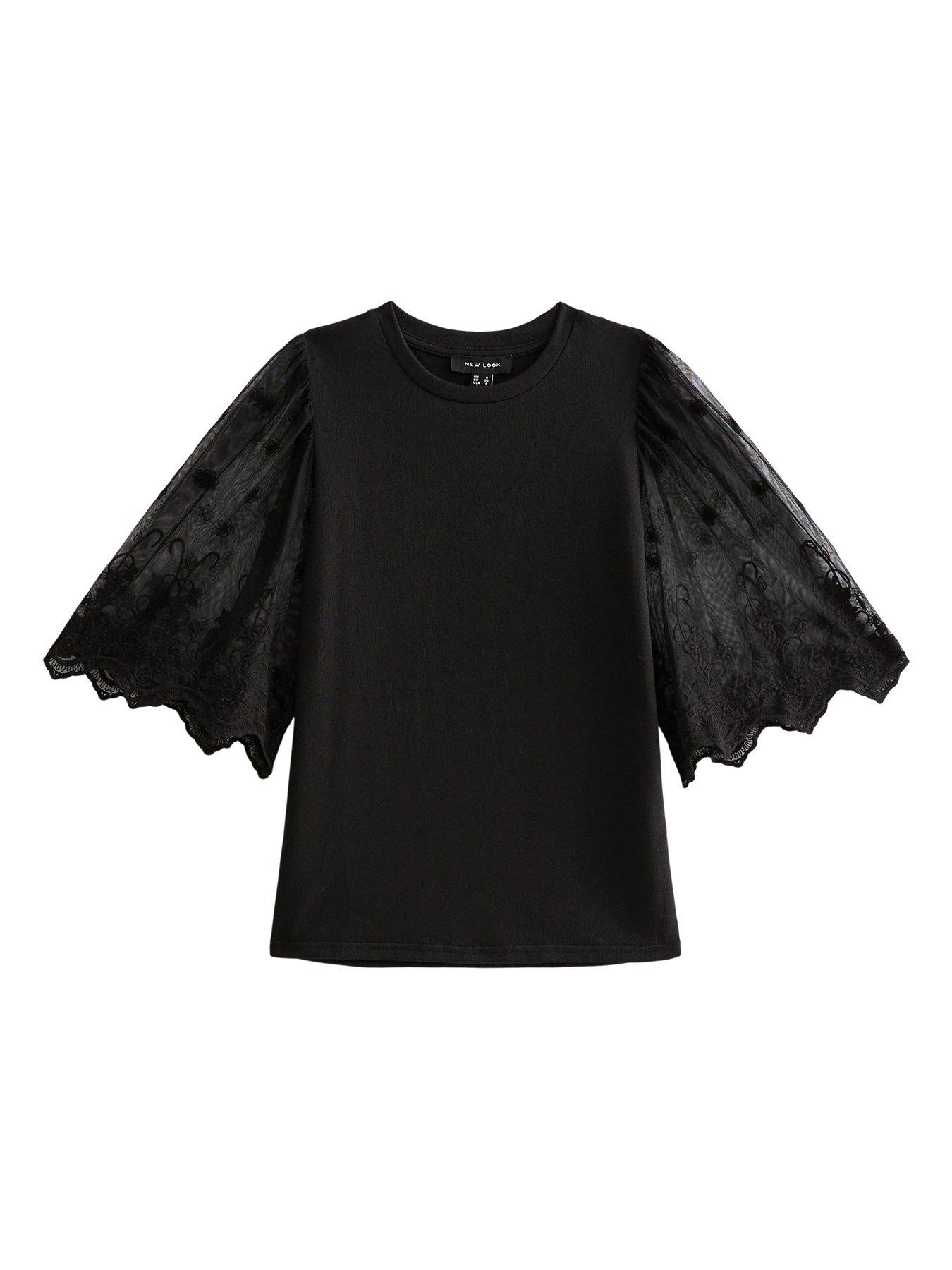 Image 5 of 6 of New Look Soft Touch Lace Sleeve T-Shirt - Black