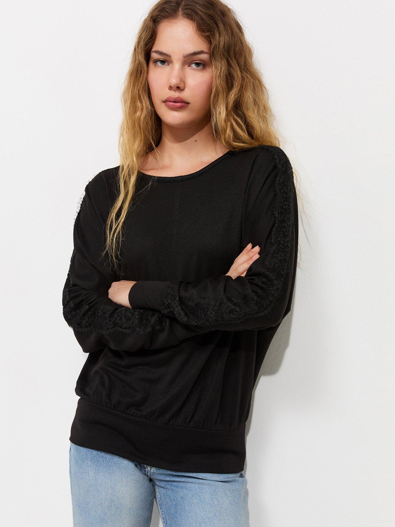Image 1 of 6 of New Look Womens Lace Trim Batwing Sleeve Soft Touch Top - Black