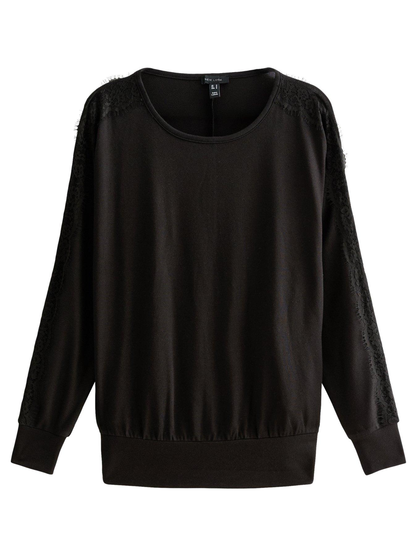Image 6 of 6 of New Look Womens Lace Trim Batwing Sleeve Soft Touch Top - Black