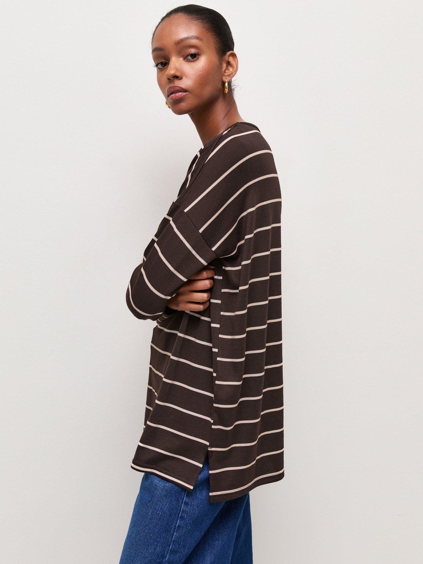 Image 1 of 5 of New Look Women's Soft Touch Striped Relaxed Long Sleeve Top - Brown