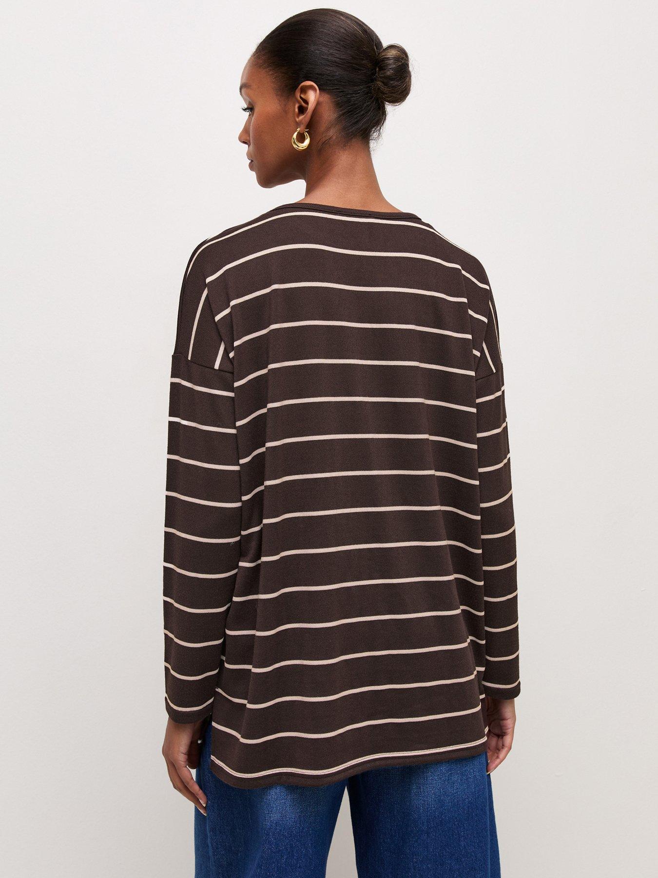 Image 2 of 5 of New Look Women's Soft Touch Striped Relaxed Long Sleeve Top - Brown
