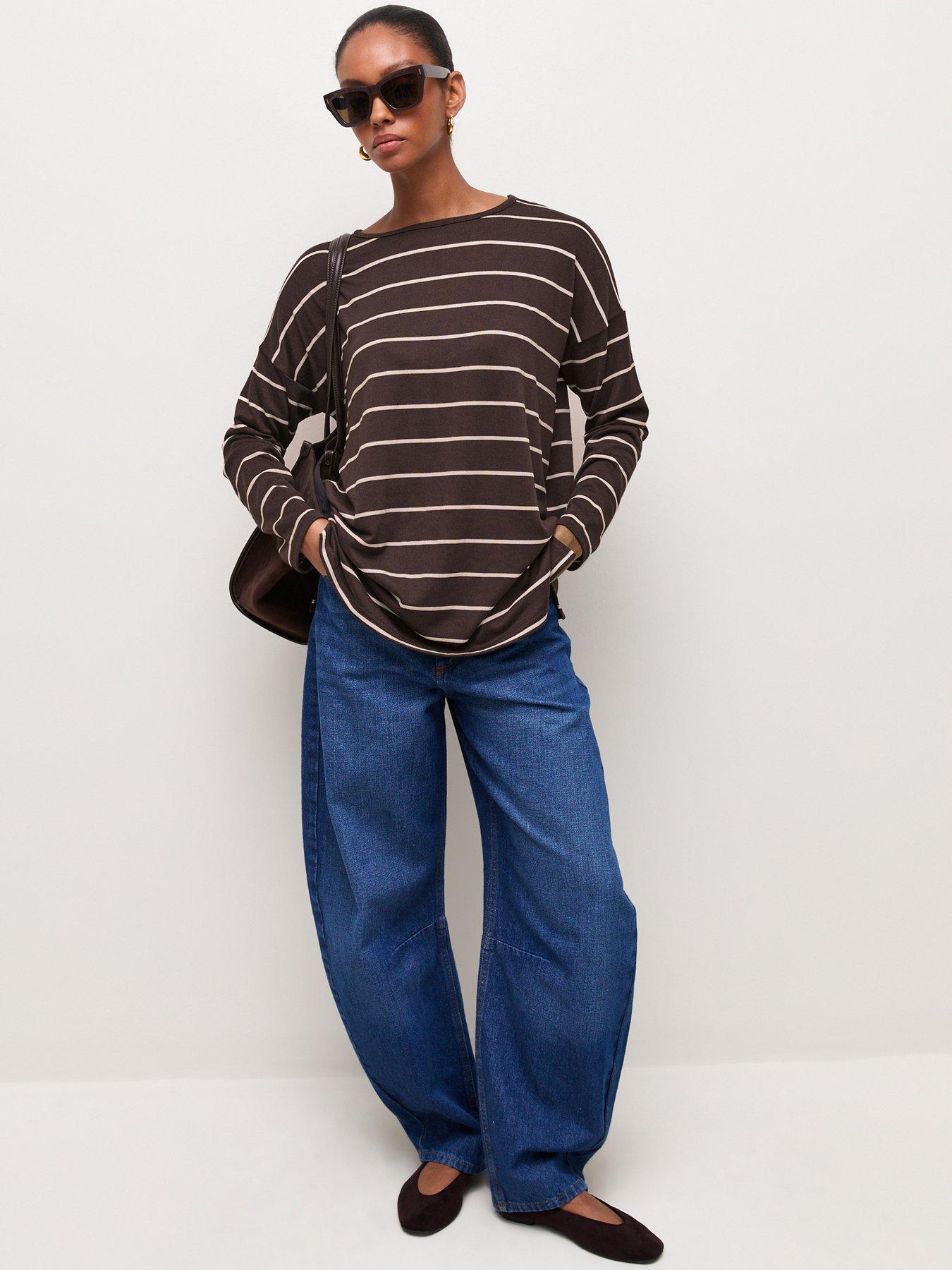 Image 3 of 5 of New Look Women's Soft Touch Striped Relaxed Long Sleeve Top - Brown