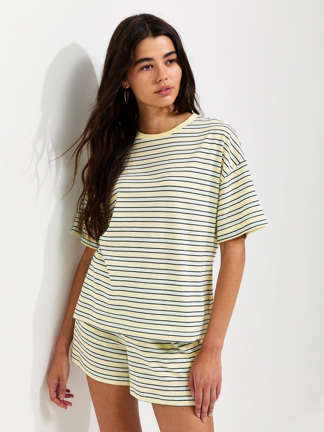 New Look Cotton Striped Boxy Crew Neck Co-ord T-shirt - Yellow