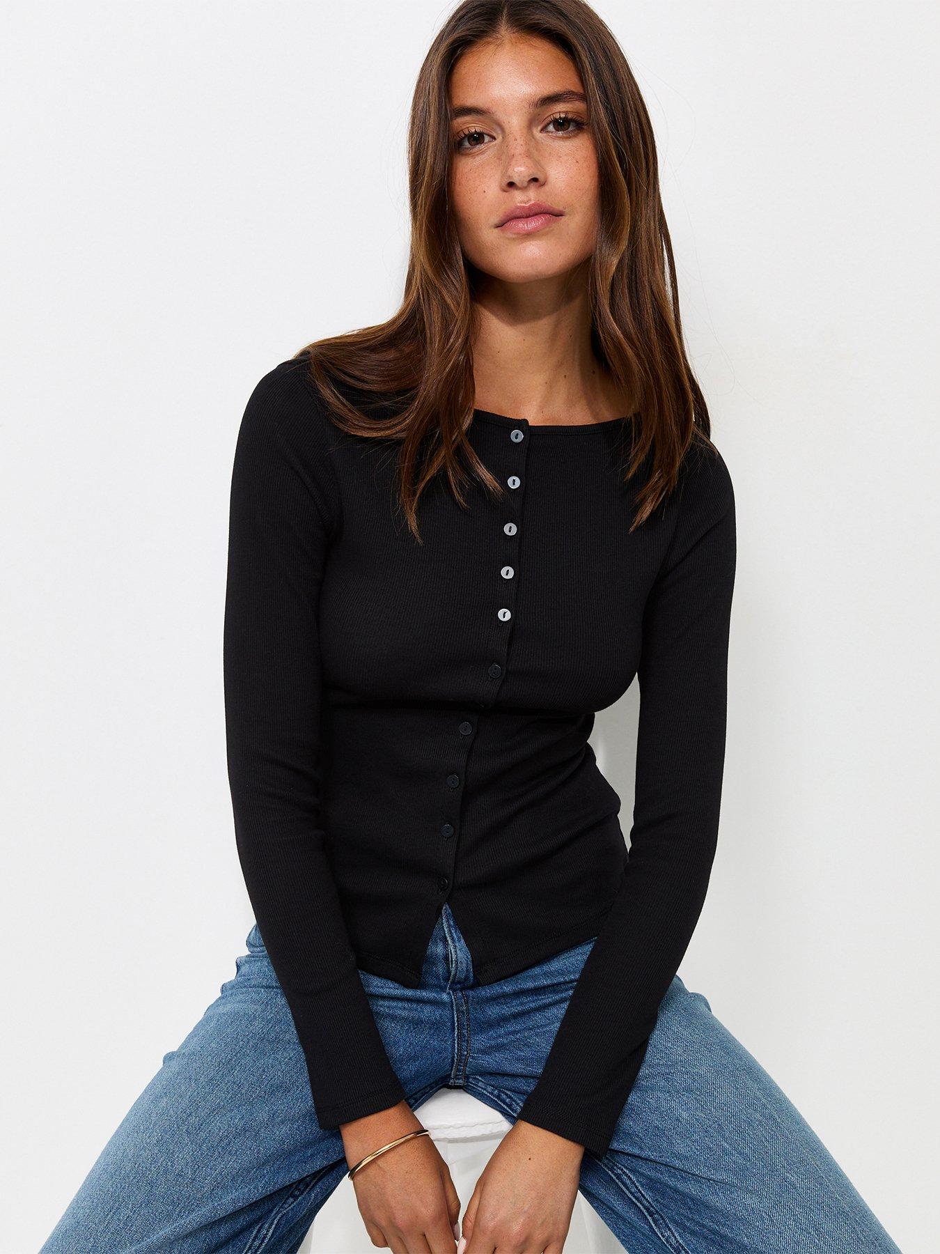 Image 1 of 5 of New Look Black Rib Button Through Slash Neck Long Sleeve Top