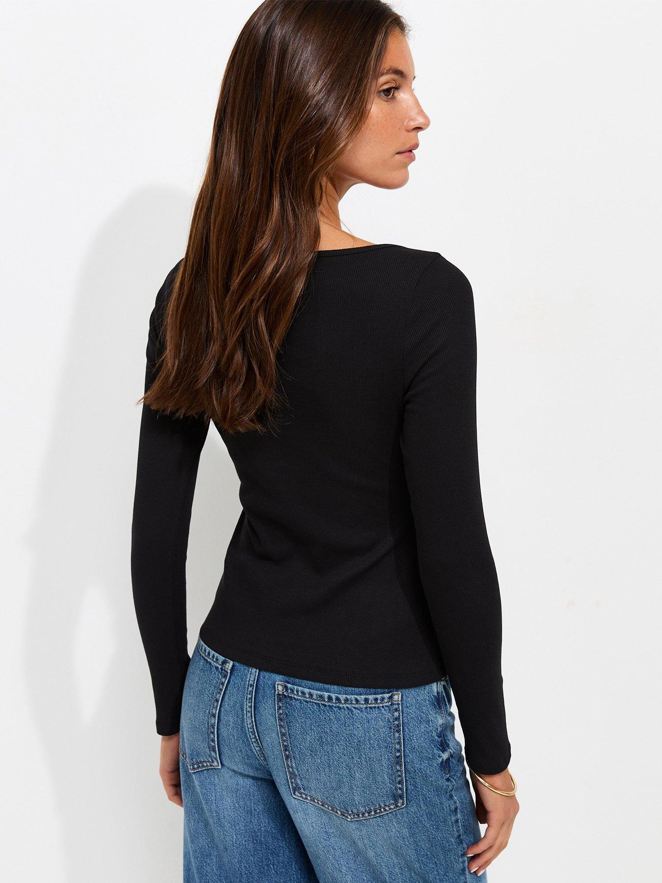 Image 2 of 5 of New Look Black Rib Button Through Slash Neck Long Sleeve Top