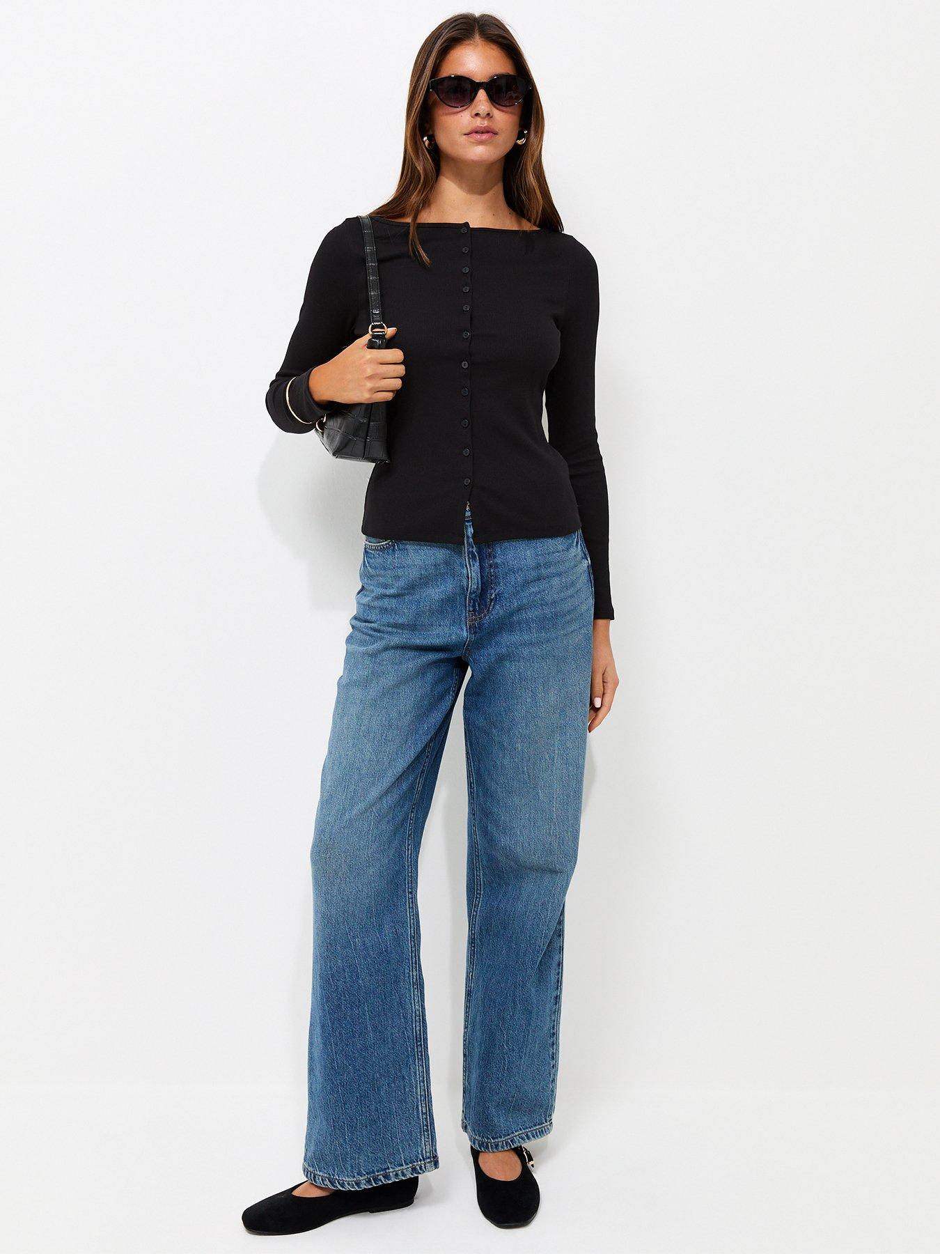 Image 3 of 5 of New Look Black Rib Button Through Slash Neck Long Sleeve Top