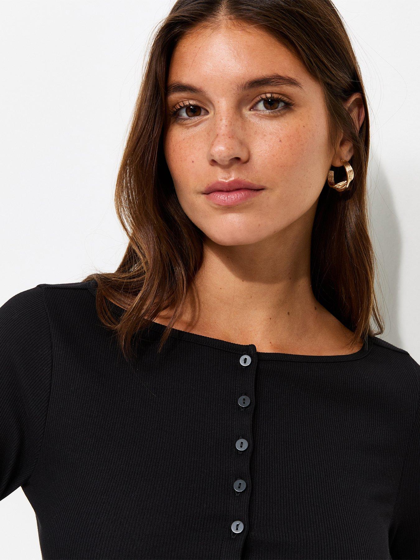 Image 4 of 5 of New Look Black Rib Button Through Slash Neck Long Sleeve Top