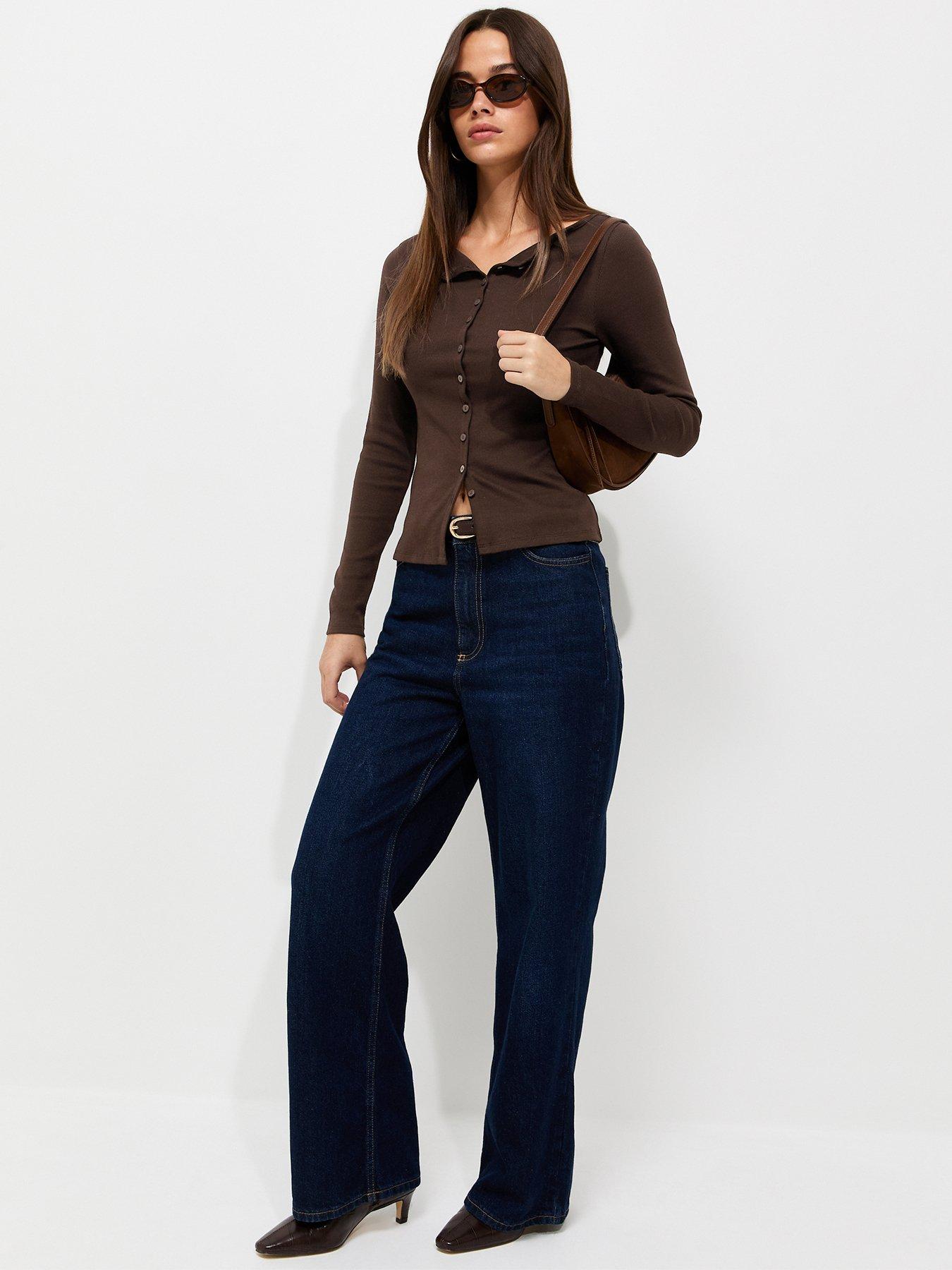 Image 3 of 6 of New Look Womens Ribbed Button Through Slash Neck Blouse - Brown