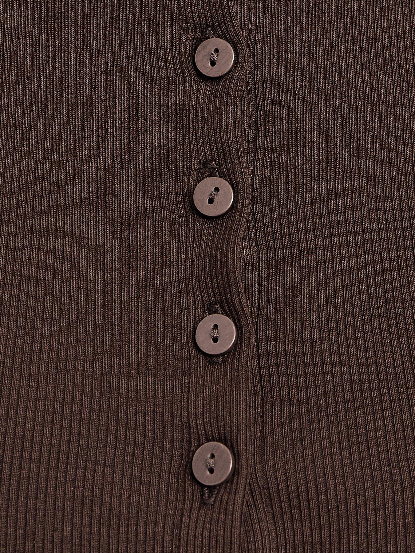 Image 6 of 6 of New Look Womens Ribbed Button Through Slash Neck Blouse - Brown