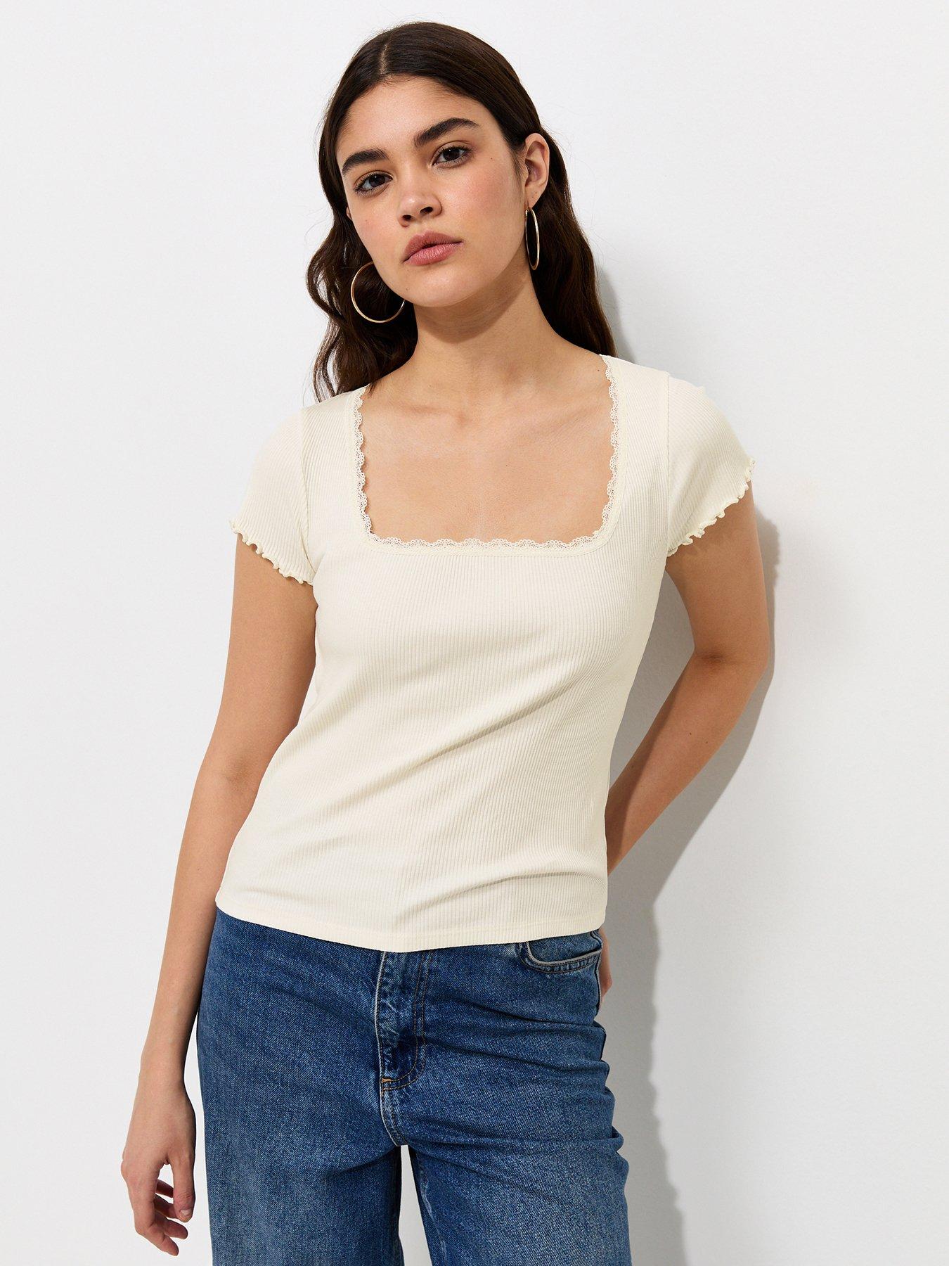New Look Cream Cotton Rich Short Sleeve Lace Trim Square Neck Top