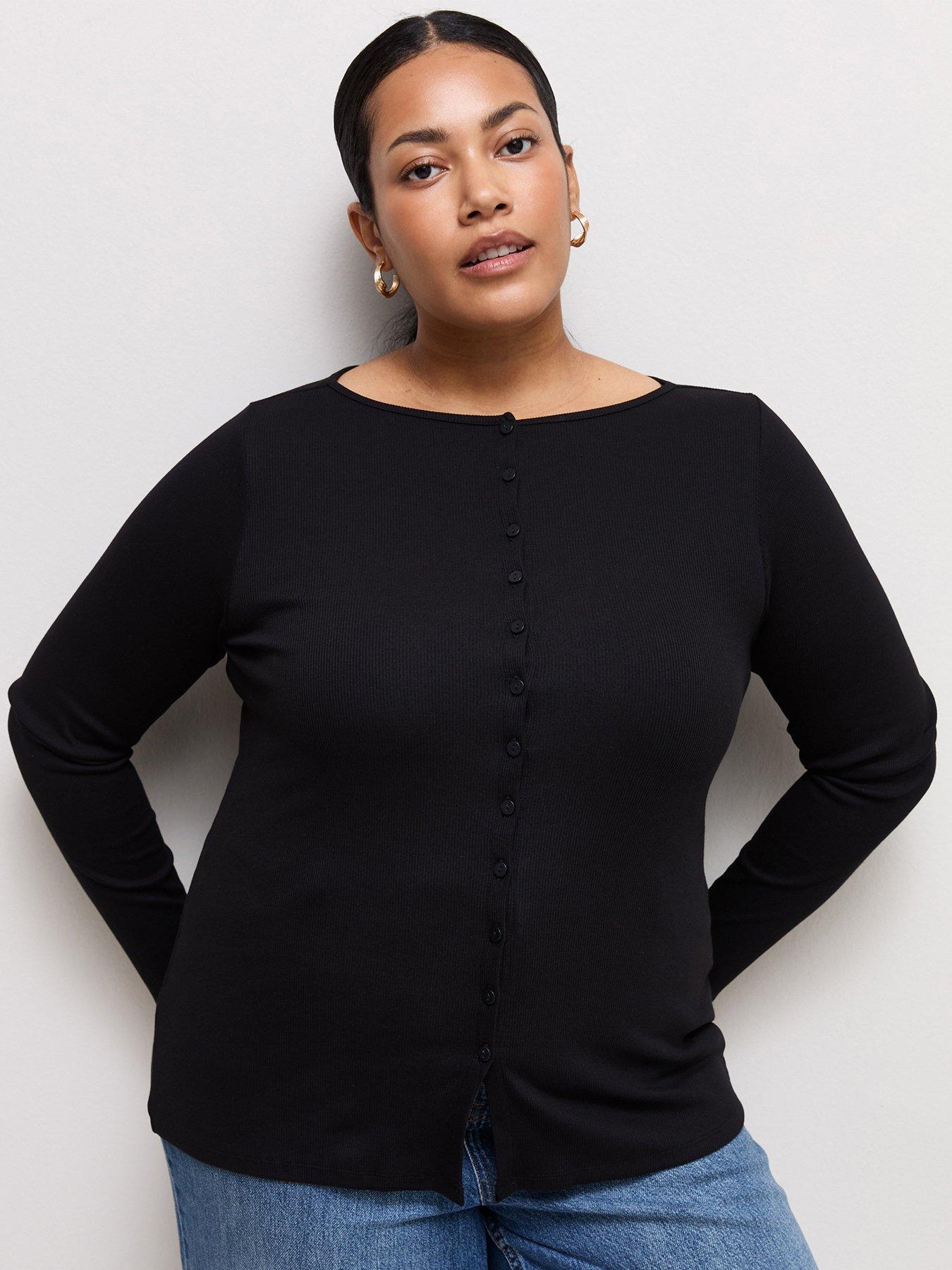 Image 1 of 5 of New Look Curves Black Cotton Rich Long Sleeve Button Front Top