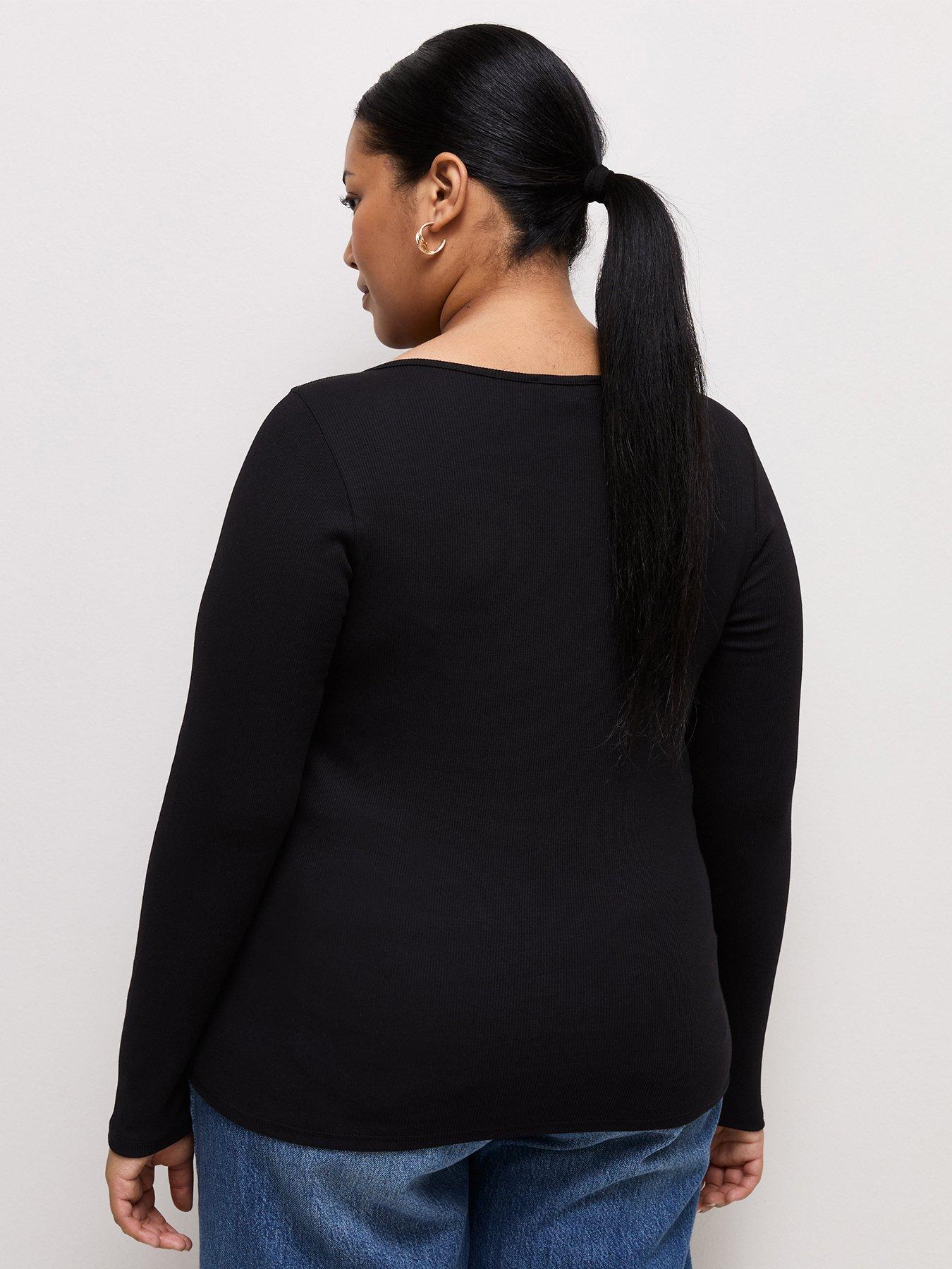 Image 2 of 5 of New Look Curves Black Cotton Rich Long Sleeve Button Front Top