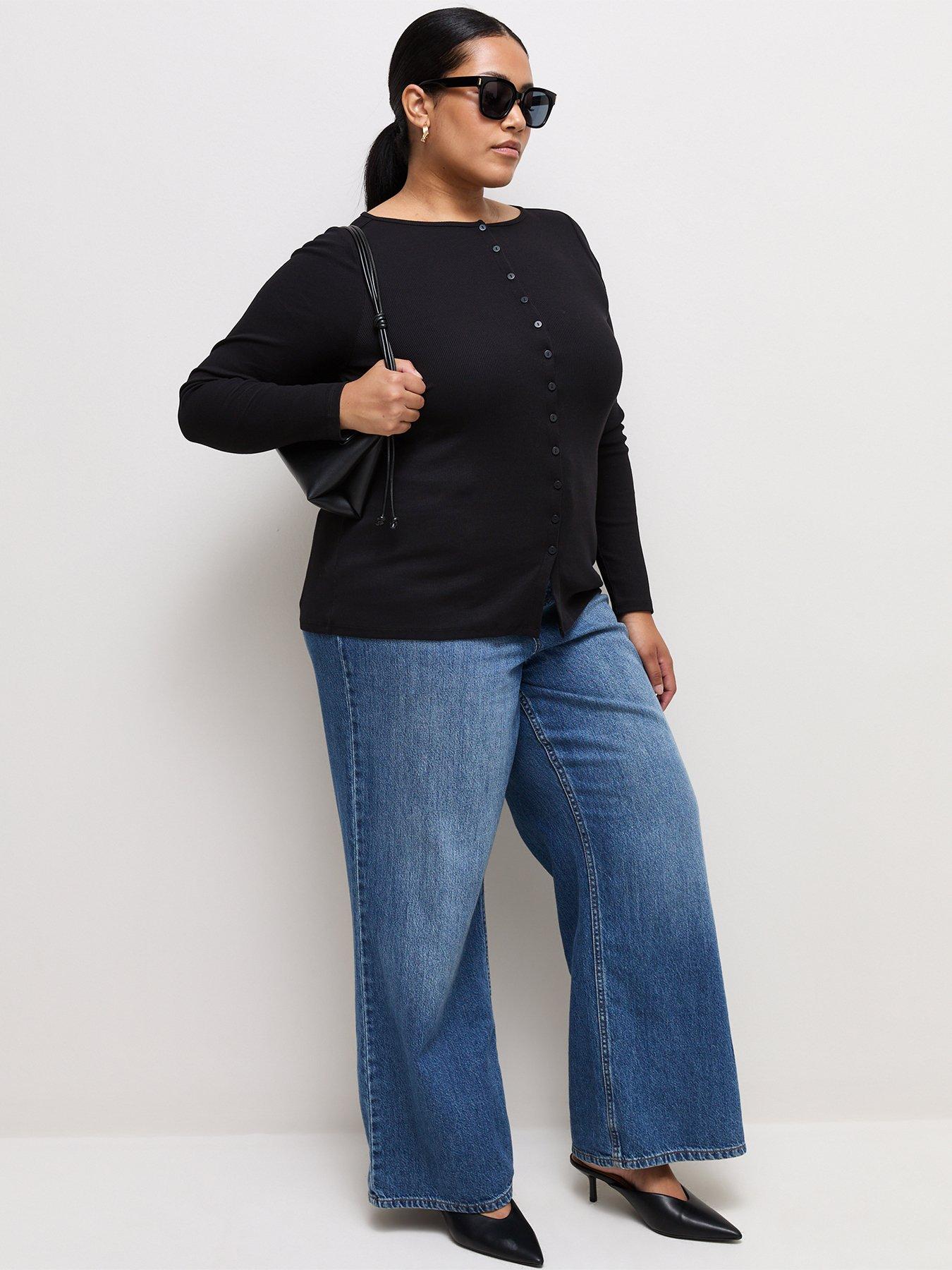 Image 3 of 5 of New Look Curves Black Cotton Rich Long Sleeve Button Front Top