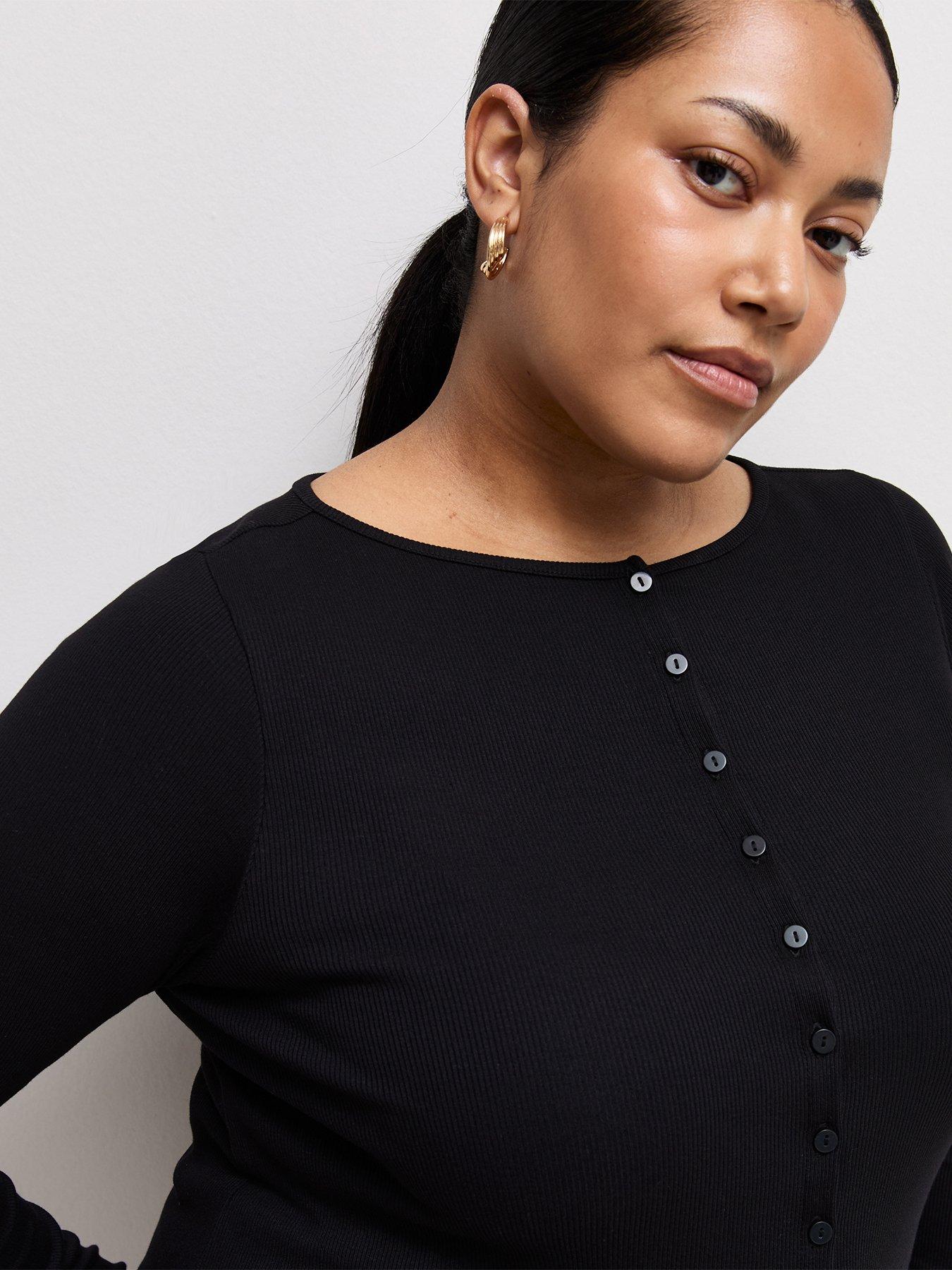 Image 4 of 5 of New Look Curves Black Cotton Rich Long Sleeve Button Front Top