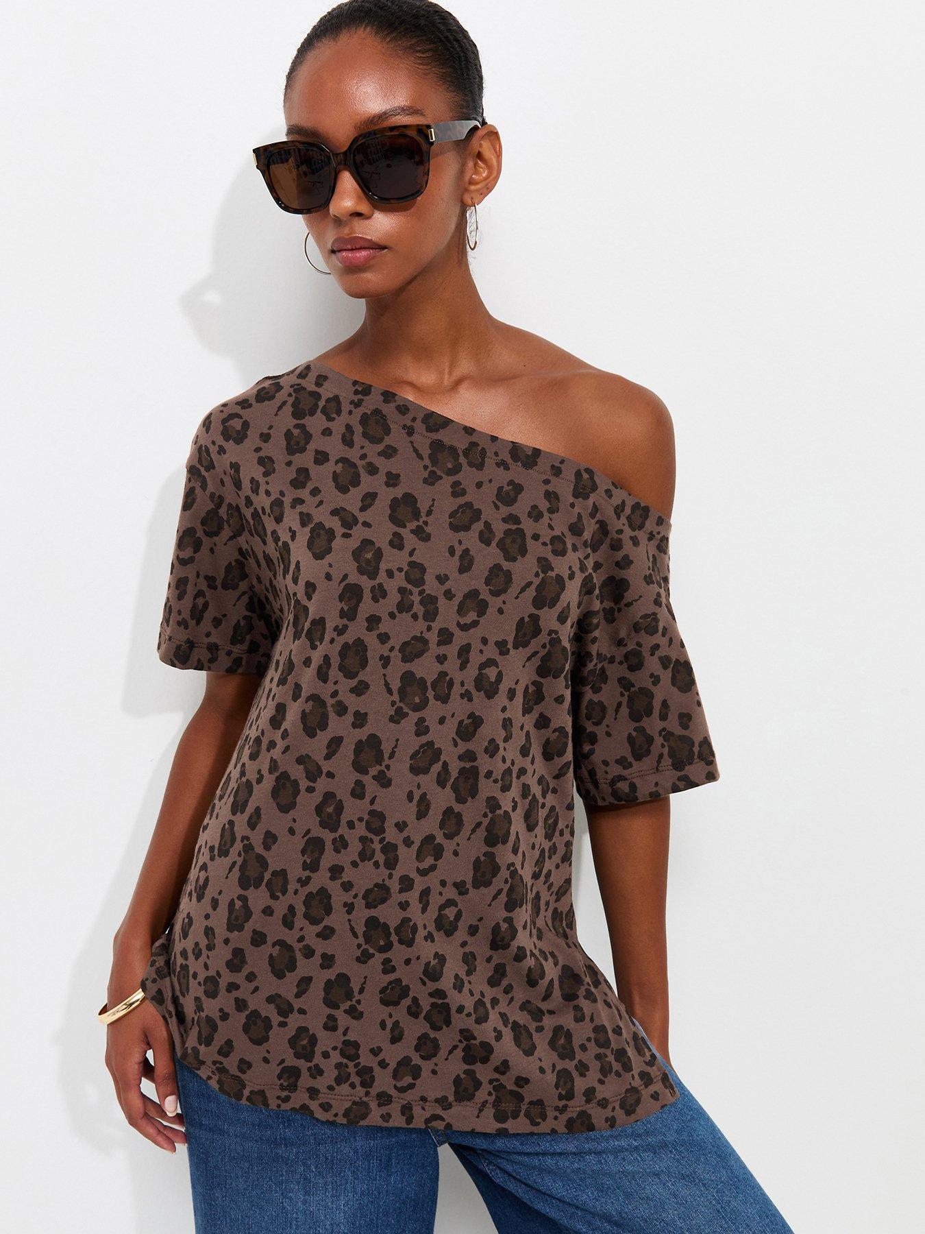 New Look Cotton Leopard Print Off The Shoulder T-Shirt - Brown