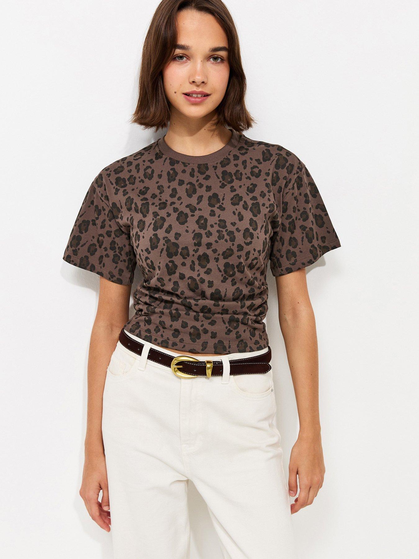 New Look Cotton Leopard Print Corset Waist T-Shirt - Brown