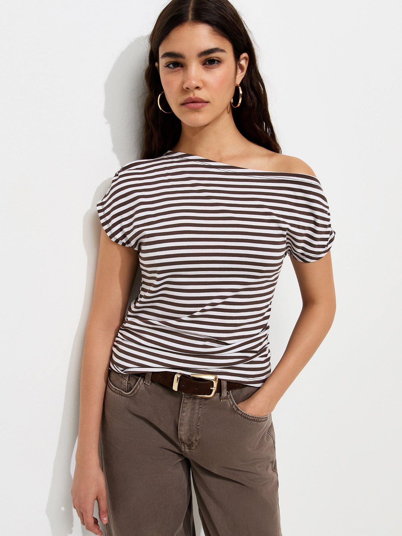 New Look Cotton Striped Off The Shoulder T-Shirt - Brown