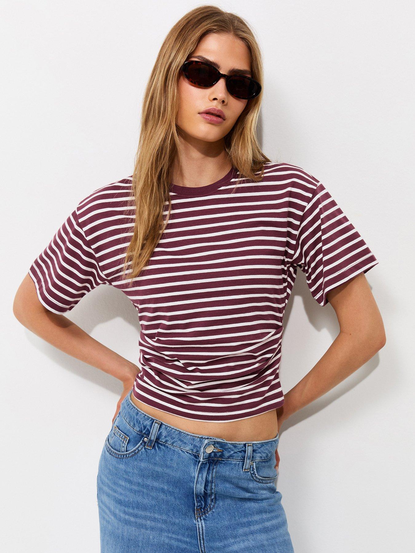 New Look Striped Ruched Waist Crew Neck T-Shirt - Red