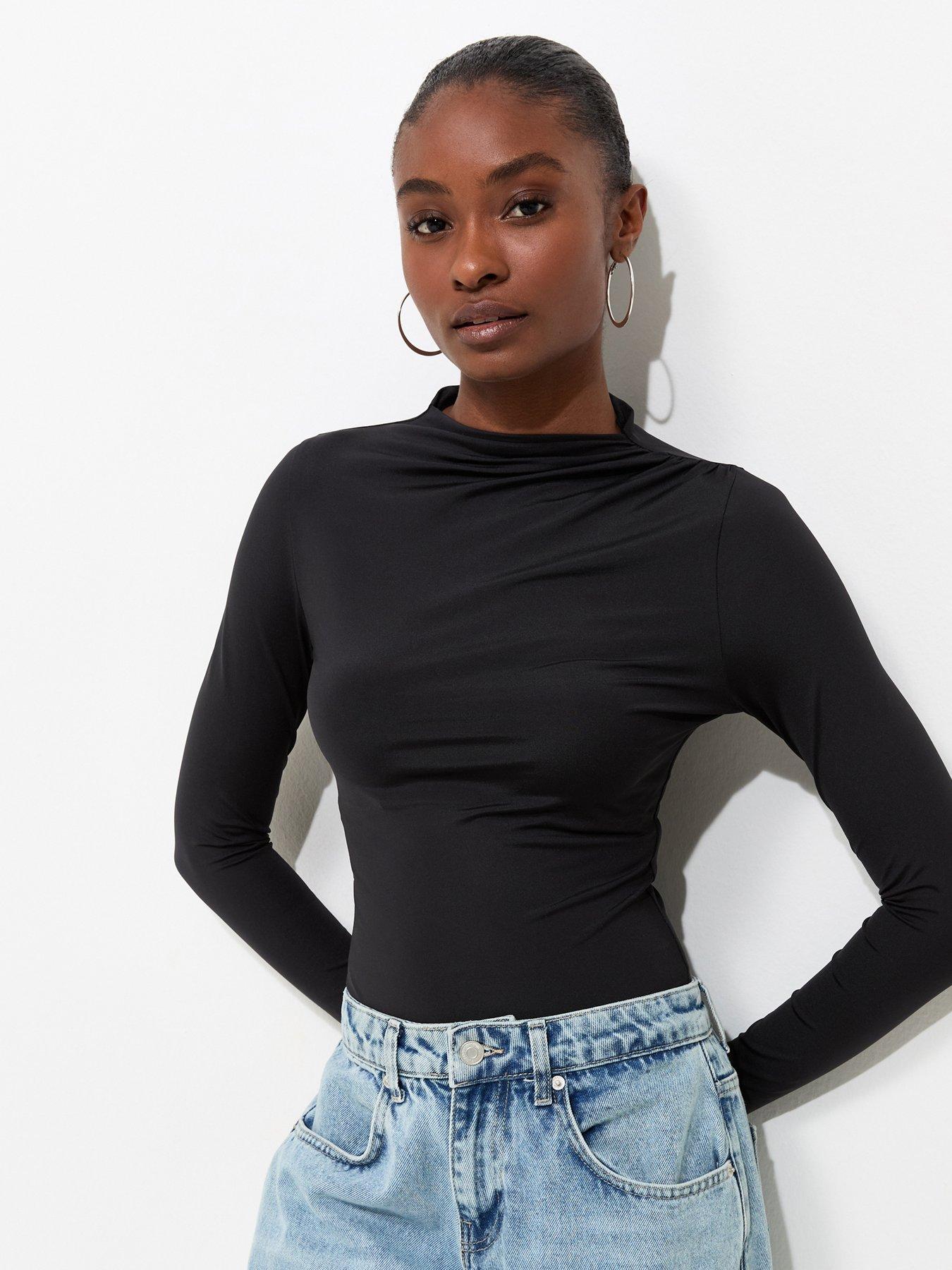 Image 1 of 7 of New Look Black Slinky Draped High Neck Long Sleeve Bodysuit