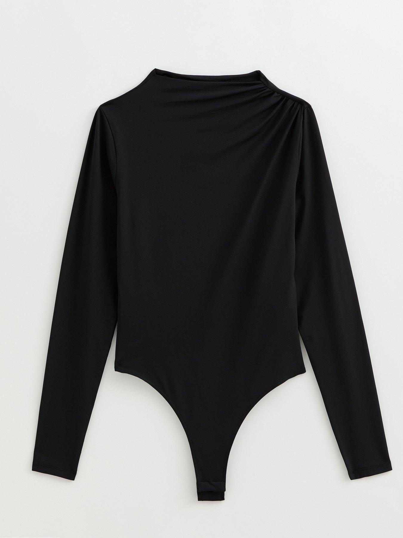 Image 6 of 7 of New Look Black Slinky Draped High Neck Long Sleeve Bodysuit