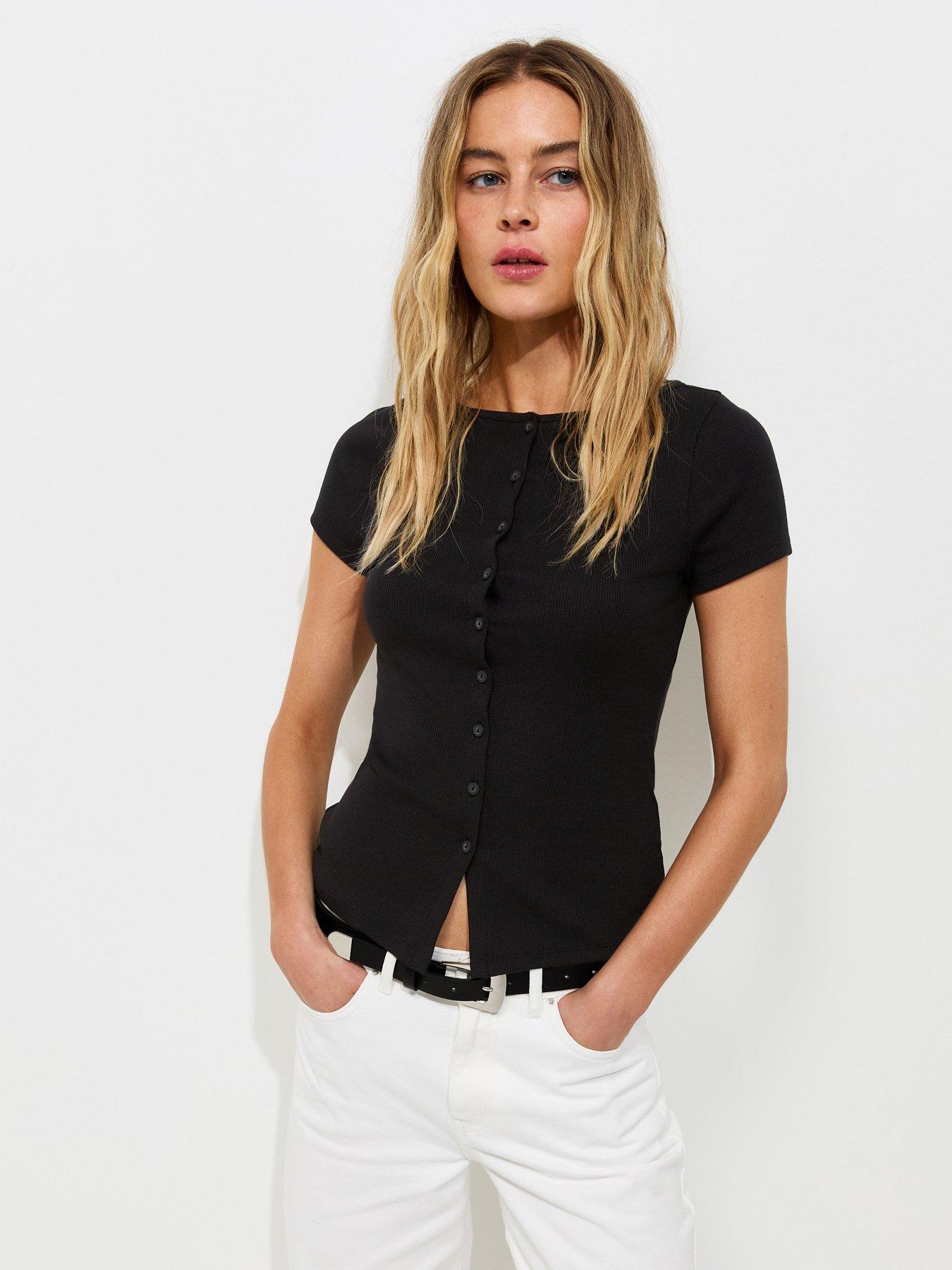 Image 1 of 5 of New Look Cotton Rich Button Through Baby Tee T-Shirt - Black