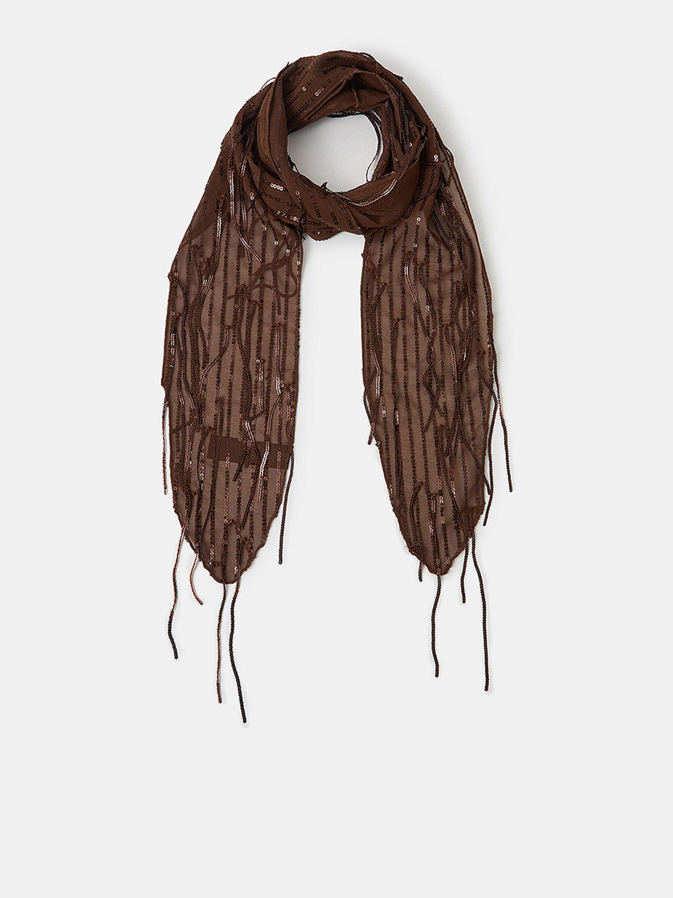 Image 1 of 3 of Accessorize Sequin Embellished Skinny Scarf - Brown