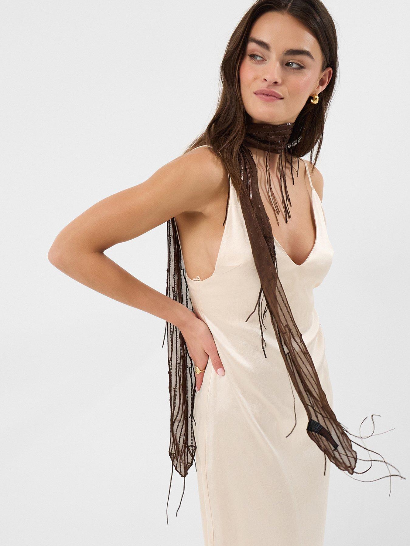 Image 2 of 3 of Accessorize Sequin Embellished Skinny Scarf - Brown