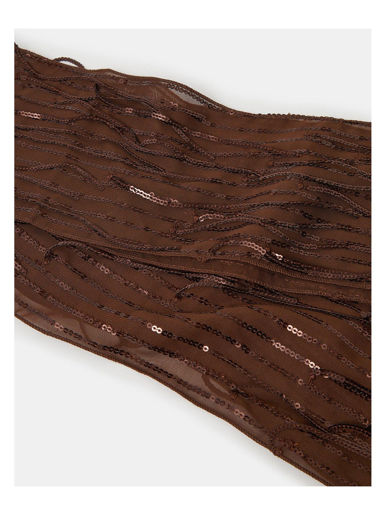 Image 3 of 3 of Accessorize Sequin Embellished Skinny Scarf - Brown