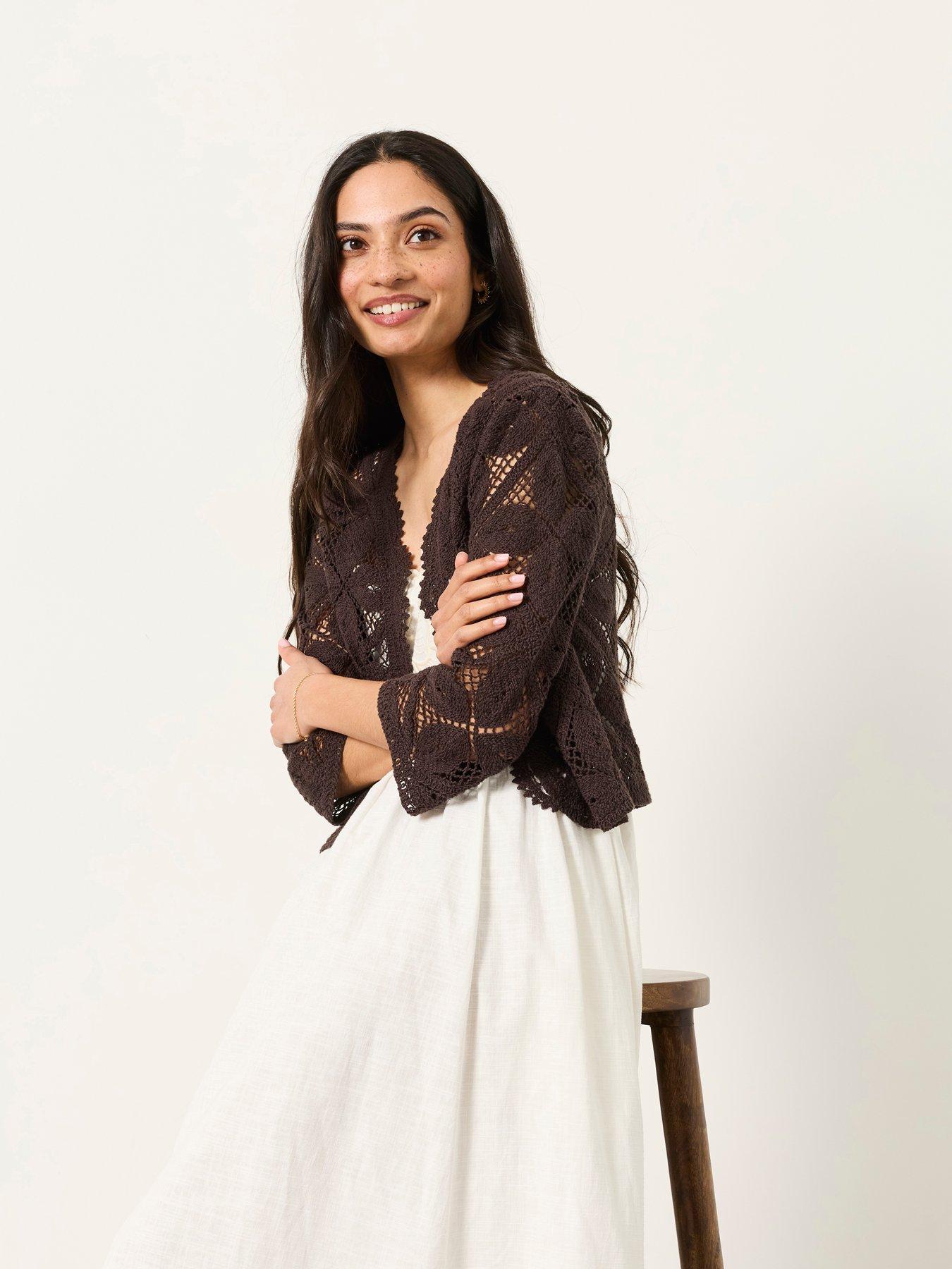 Image 1 of 5 of FatFace Carrie Crochet Cardigan - Brown