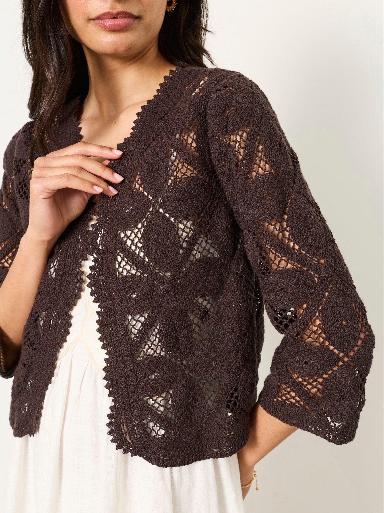 Image 4 of 5 of FatFace Carrie Crochet Cardigan - Brown