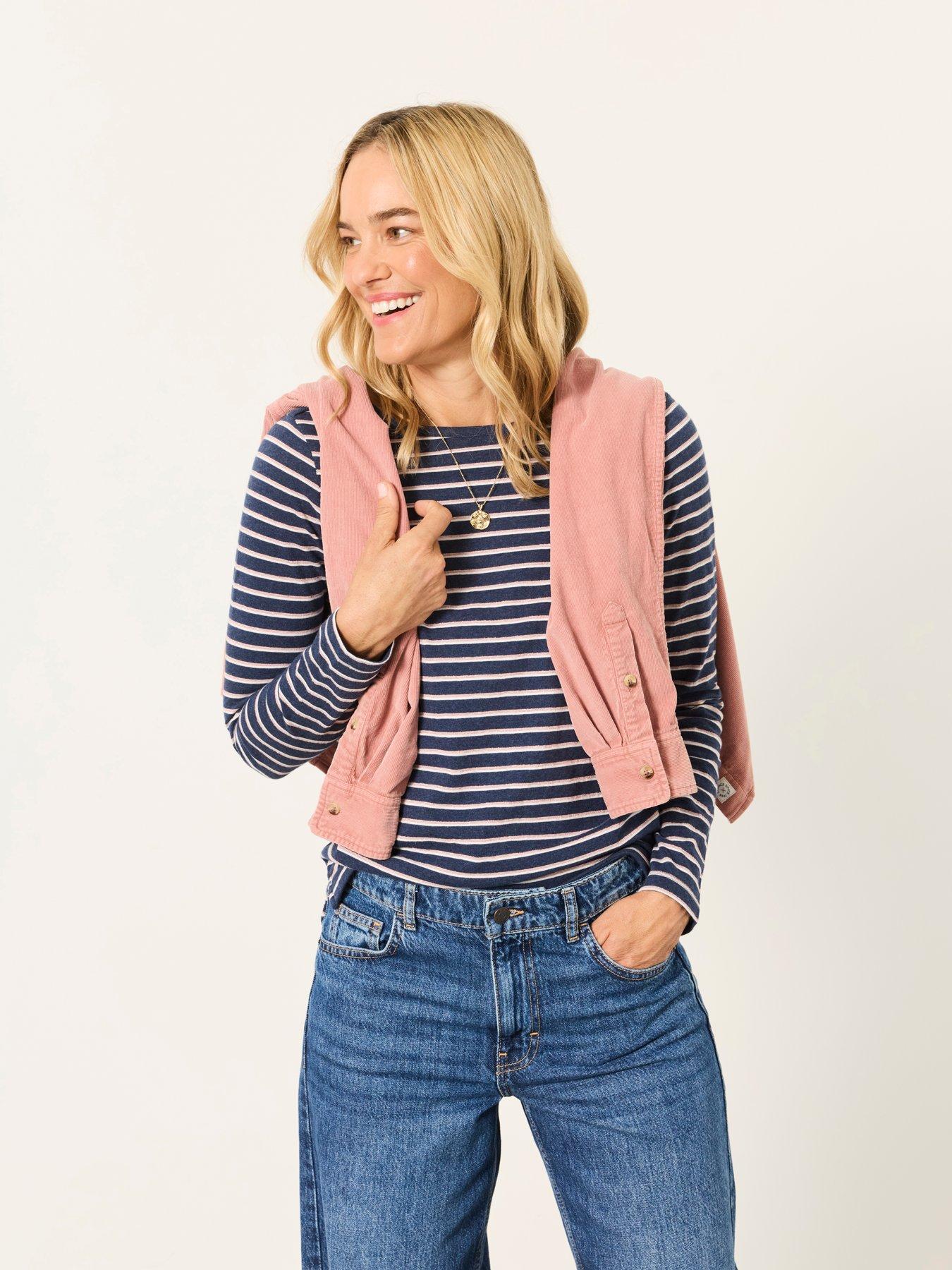 FatFace Women's Breton Lurex Stripe Long Sleeve Cotton T-Shirt - Natural/Navy