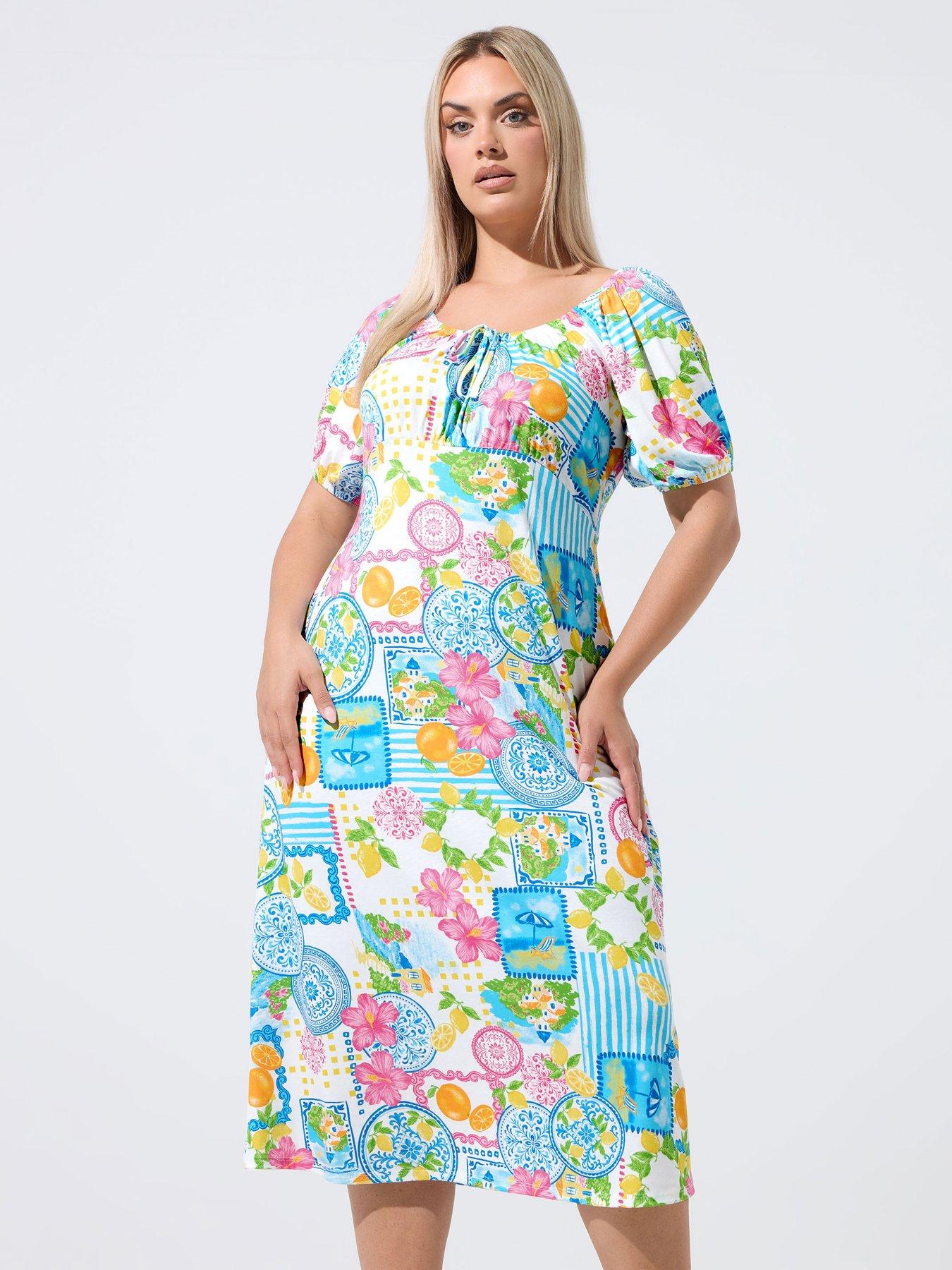 Yours Curve Mixed Postcard Tea Dress - Blue